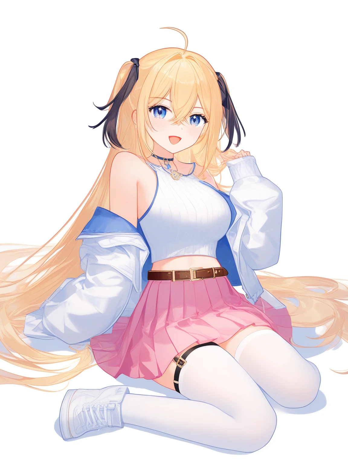 <lora:dan_4k:1>,solo,1girl,white background,simple background,sitting,looking at viewer,open mouth,hair between eyes,blonde hair,very long hair,two side up,bangs,medium breasts,navel,thigh strap,white thighhighs,pink skirt,pleated skirt,white jacket,open clothes,white legwear,sleeveless shirt,off shoulder,long sleeves,belt,bare shoulders,midriff,crop top,miniskirt,:d,
