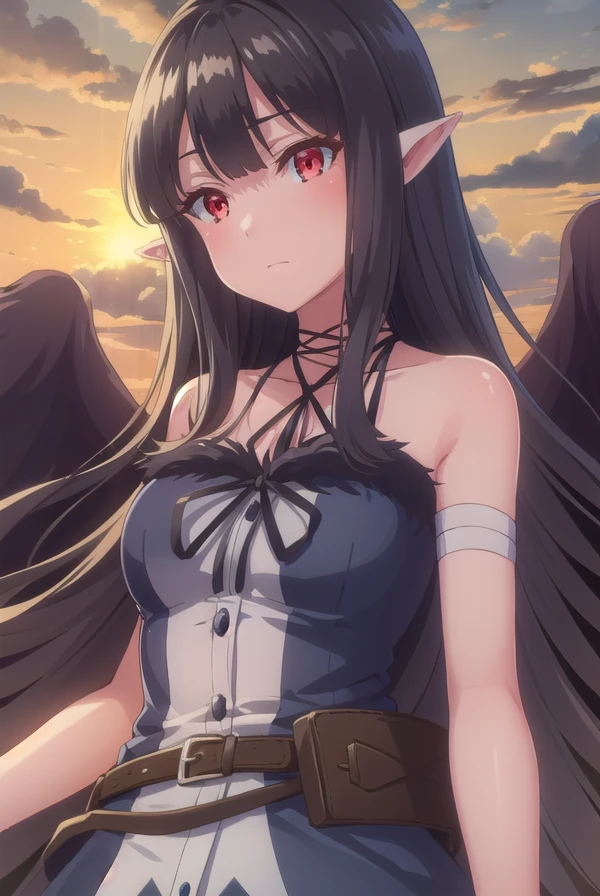 evereese, <lora:eve reese s1-lora-nochekaiser:1>,
eve reese, long hair, bangs, black hair, (red eyes:1.3), very long hair, pointy ears,
BREAK dress, bare shoulders, collarbone, wings, sleeveless, black dress, black ribbon, halterneck, bandages, feathered wings, black wings,
BREAK outdoors, forest, nature, trees, grass, sun, sky, clouds,
BREAK looking at viewer, (cowboy shot:1.5),
BREAK <lyco:GoodHands-beta2:1>, (masterpiece:1.2), best quality, high resolution, unity 8k wallpaper, (illustration:0.8), (beautiful detailed eyes:1.6), extremely detailed face, perfect lighting, extremely detailed CG, (perfect hands, perfect anatomy),