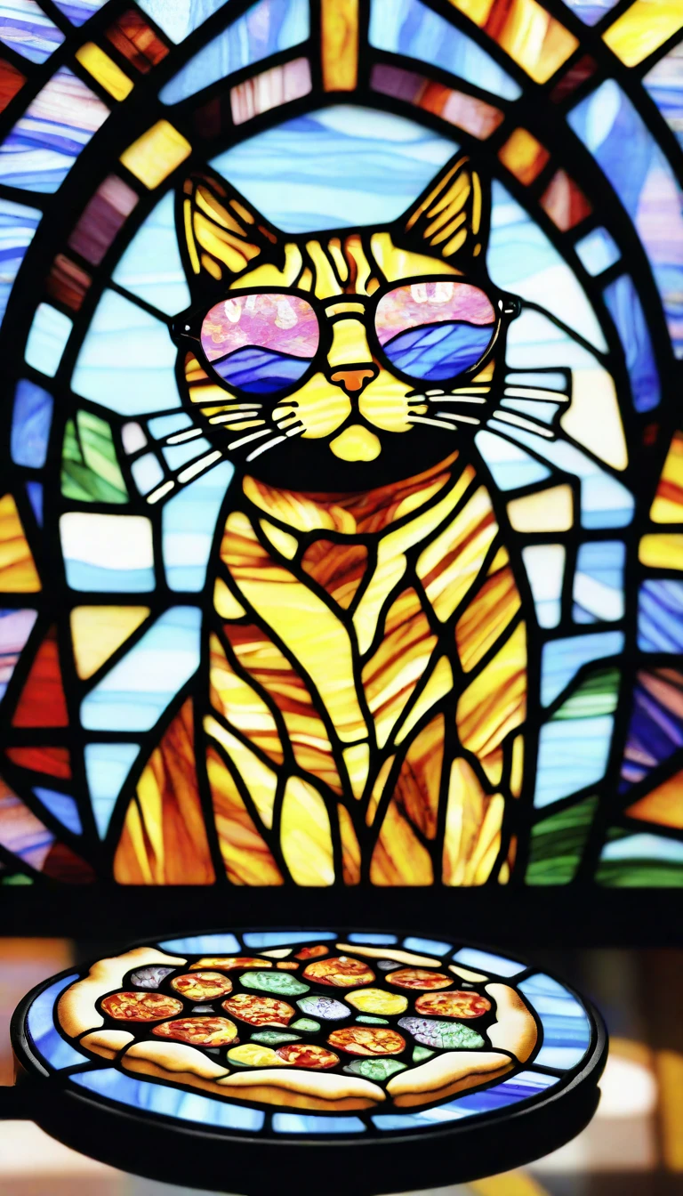 stained-glass peperoni pizza with a cat in sunglasses