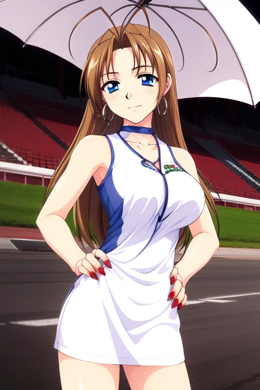 <lora:Reiko:0.8> Reiko, 1girl, solo, blue eyes, brown hair, long hair, jewelry, earrings, race queen, antenna hair, nail polish, red nails, hoop earrings, closed umbrella, umbrella, dress, choker, hand on hip,
huge_breasts, masterpiece, best quality,4k,8k,  1990s \(style\), anime, anime_screencap, animated gif, mp4 ,video, animated, 
racing track,