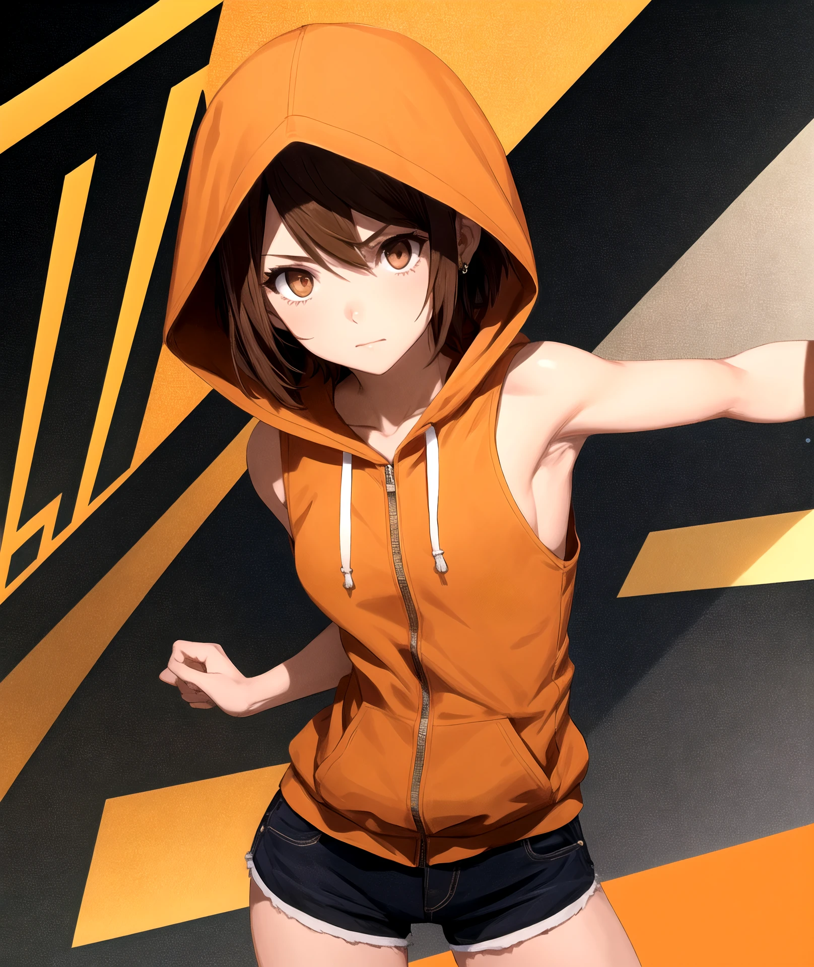 1girl, (shapely body), (solo), <lora:Saiai Kinuhata_L:0.7>, hdr, saiai kinuhata, solo, short hair, brown hair, brown eyes, jewelry, brown hair, brown eyes, shorts, hood, hoodie, orange background, sleeveless hoodie,