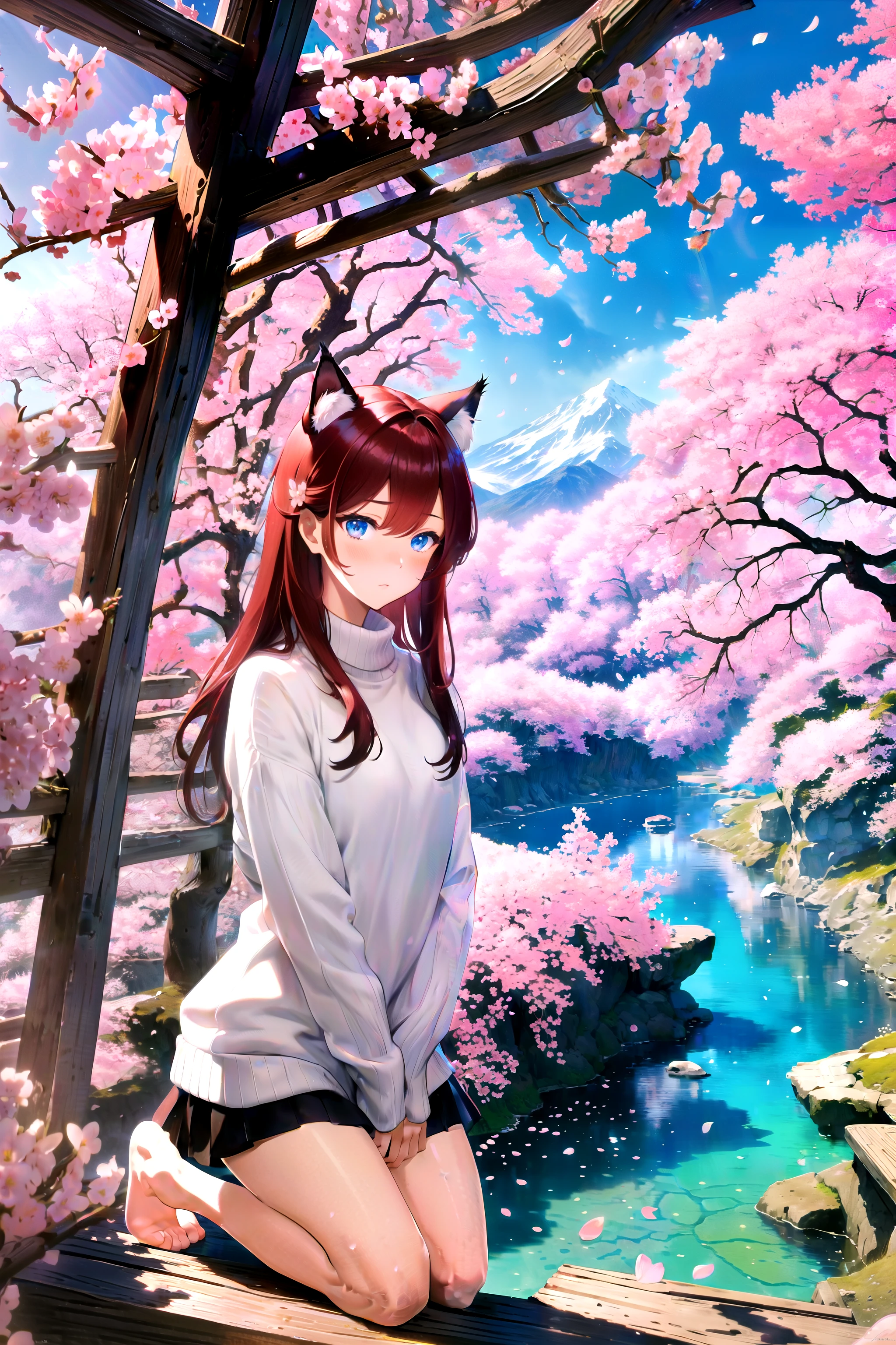 (masterpiece, best quality, highres), 1girl, raifu, solo, abstract, pov, seiza,
scenery, flowers, petals, vegetation, cherry blossoms, shrine, mountainous horizon,
BREAK
dark red hair, (long hair:0.8), blue eyes, straight hair, cat ears, blush,
(medium breasts:0.8), mature female, white sweater,