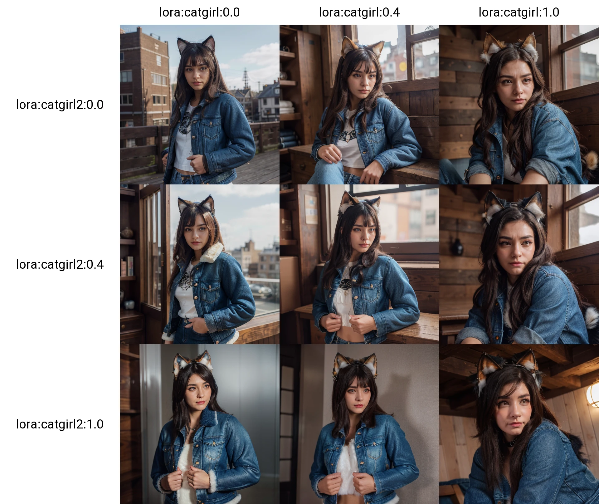 <lora:catgirl:0.0>, <lora:catgirl2:0.0>, catgirl cat ears, woman, (masterpiece:1.4, best quality), (intricate details), unity 8k wallpaper, ultra detailed, hyper realistic, detailed skin,
(Posing with arms folded, looking serious., Shearling-lined denim jacket in a relaxed fit)