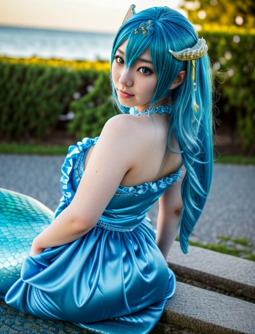 best quality, masterpiece, highres, detailed, realistic, cosplay, <lora:Detail - add_detail:0.2>, CoralVG, <lora:Character - CoralVG-6:0.6>, blue hair, blue eyes, 25 year old japanese woman, blue dress, frills, posing, mermaid, mermaid tail, fish tail, close-up, bokeh, blurry background,