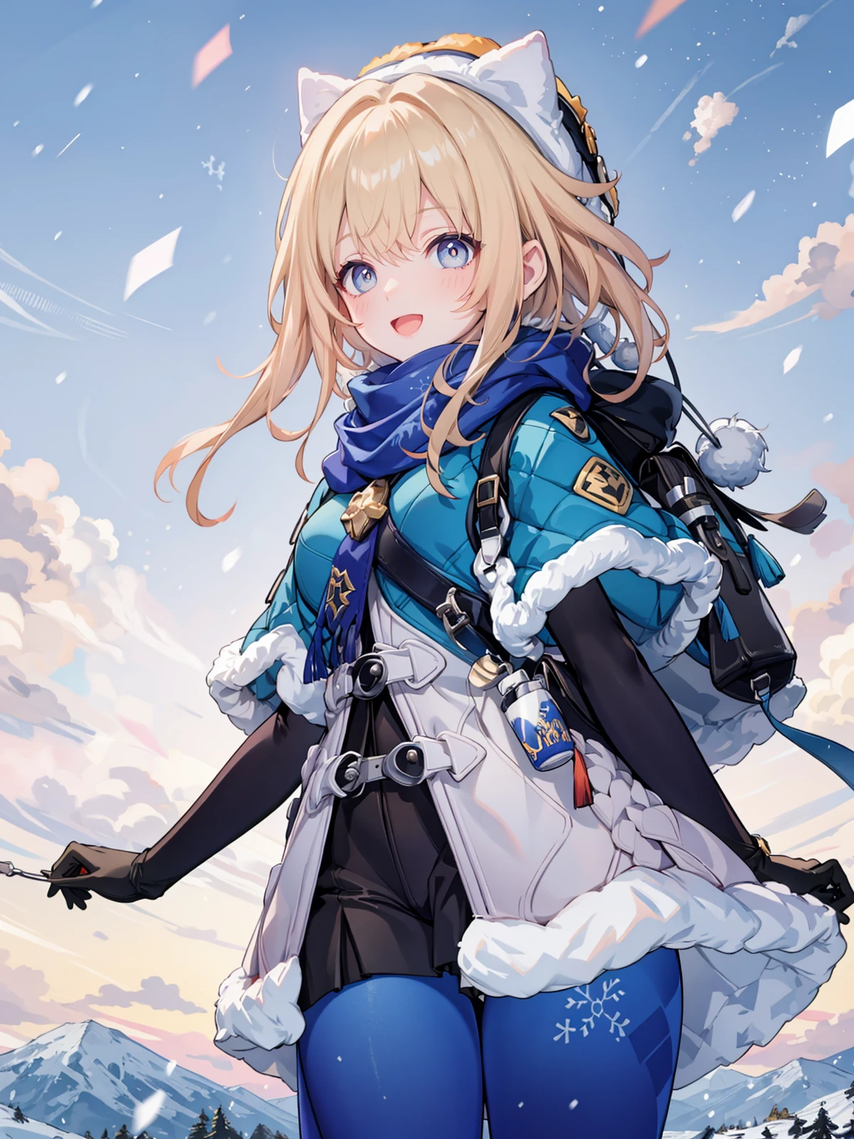 (extremely detailed CG, best quality:1.1), 1girl, perfect face, bright pupils, (finely detailed beautiful eyes:1.1), wide hips, narrow waist, scarf, fur trim, winter clothes, fur-trimmed capelet, print pantyhose, pom pom (clothes), backpack, fur-trimmed boots, elbow gloves, cowboy shot, small breasts, snowing,  :d,cowboy shot, from side, <lora:LynxLandau:0.8>