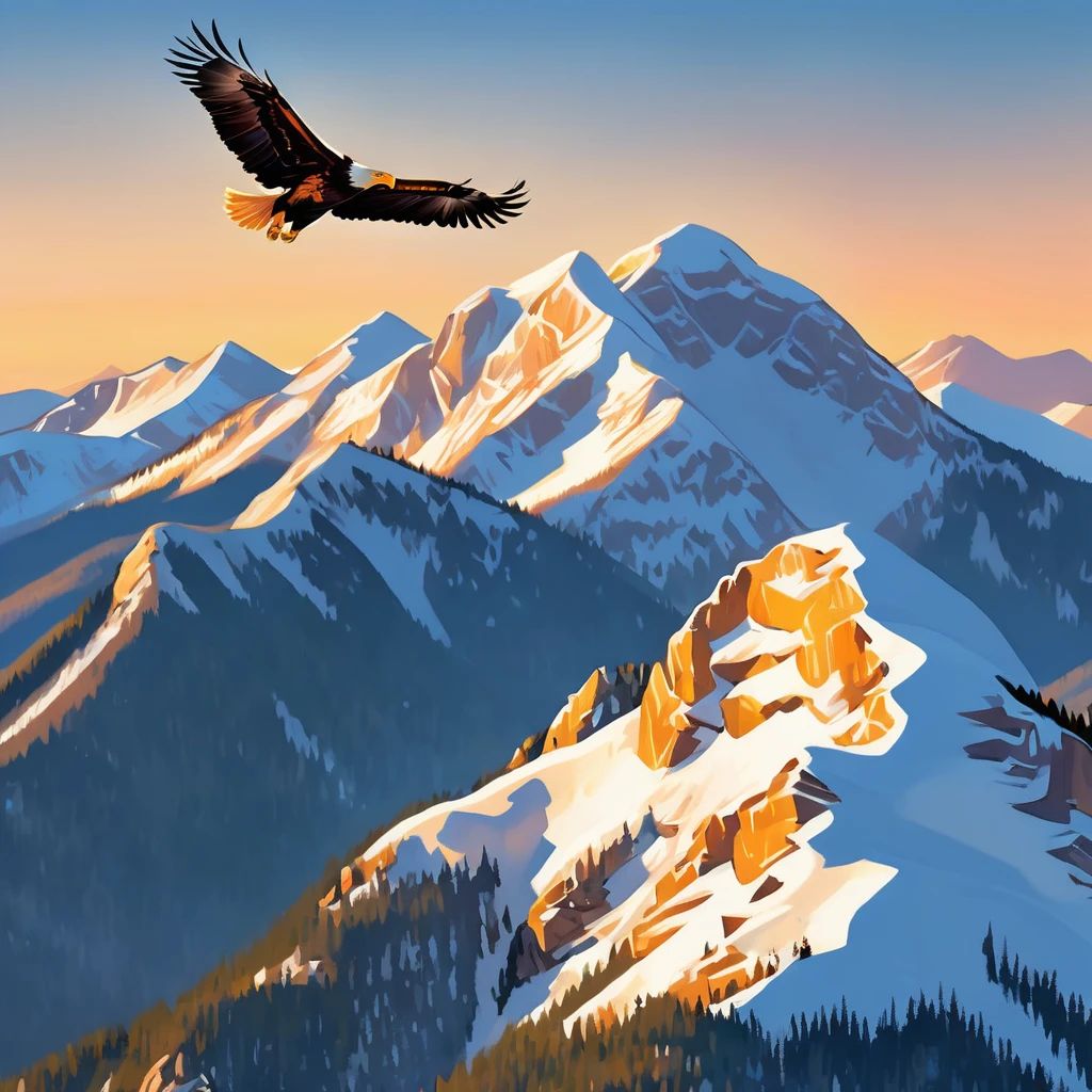 Snowy Mountain Peak at Sunrise: A towering mountain peak covered in pristine snow, catching the first golden rays of the sunrise. The sky is a gradient of warm colors, and in the foreground, (a pair of eagles soar majestically:1.40), their wings spread wide against the backdrop of the rugged mountain landscape.