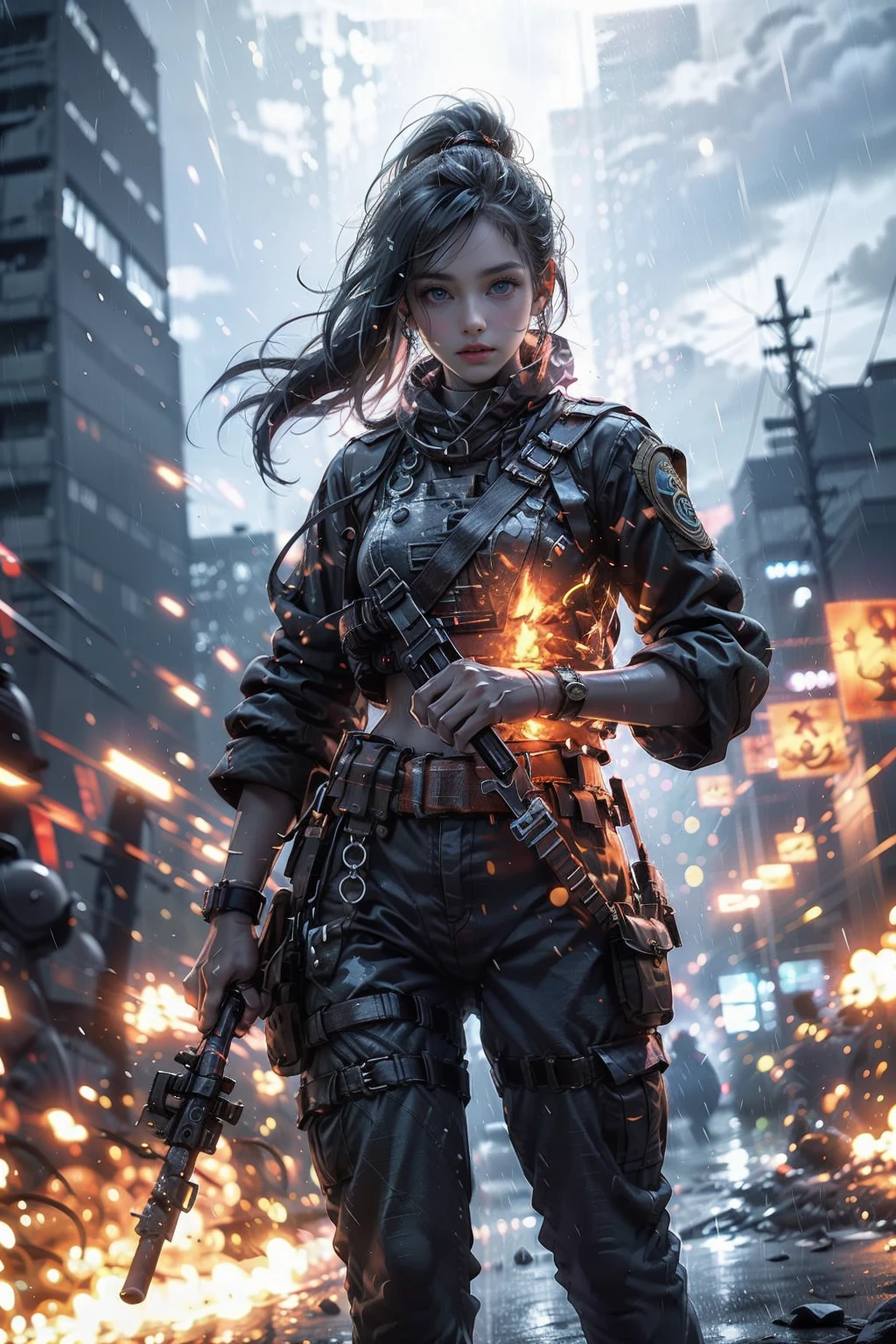 bfbfbf,1girl,fire,battlefield,heavy rain,
Best quality,masterpiece,ultra high res,<lora:GoodHands-beta2:1>,<lora:20231216-1702730773920-0020:0.6>, excellent composition, cinematic atmosphere, dynamic dramatic ambient light, aesthetic