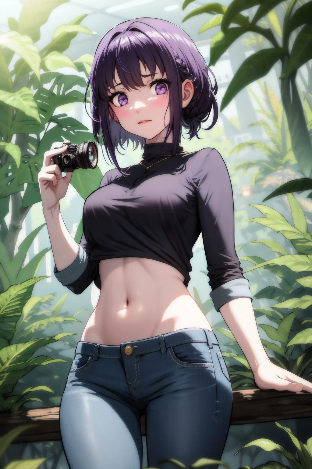 solo, 1girl, hot, purple hair, silver eyes, dark grey jeans, lens flare, boreal jungle, detailed background, surreal, <lora:tanziya_(codlxcold)_style_v02:1>