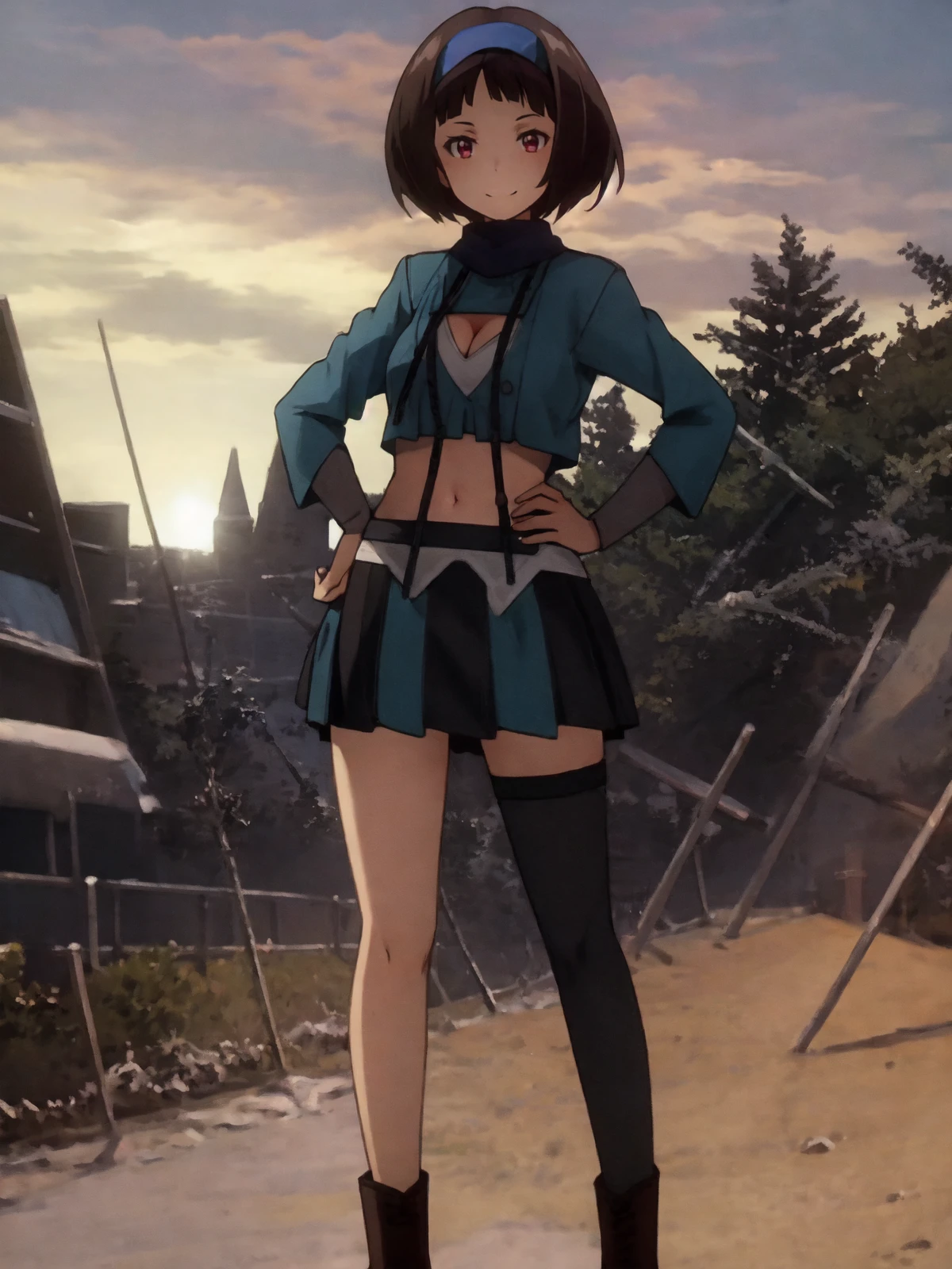 SLE, mksks style, detailed background absurdres, highres, full body, <lyco:GoodHands-beta2:1.0>,
BREAK solo, 1girl, <lora:Kazuki Ferrari:1>, kazuki ferrari,
BREAK (race queen:1.5), blue visor cap, taut shirt, crop top, blue shirt, long sleeves, cleavage cutout, cleavage, navel, white skirt, pleated skirt, (single thighhigh), black legwear, high heels, (umbrella),
BREAK standing, (holding umbrella), hand on hip, contrapposto, smile, looking away,
BREAK circuit, road, grass, blue sky, clouds, sunlight, outdoors