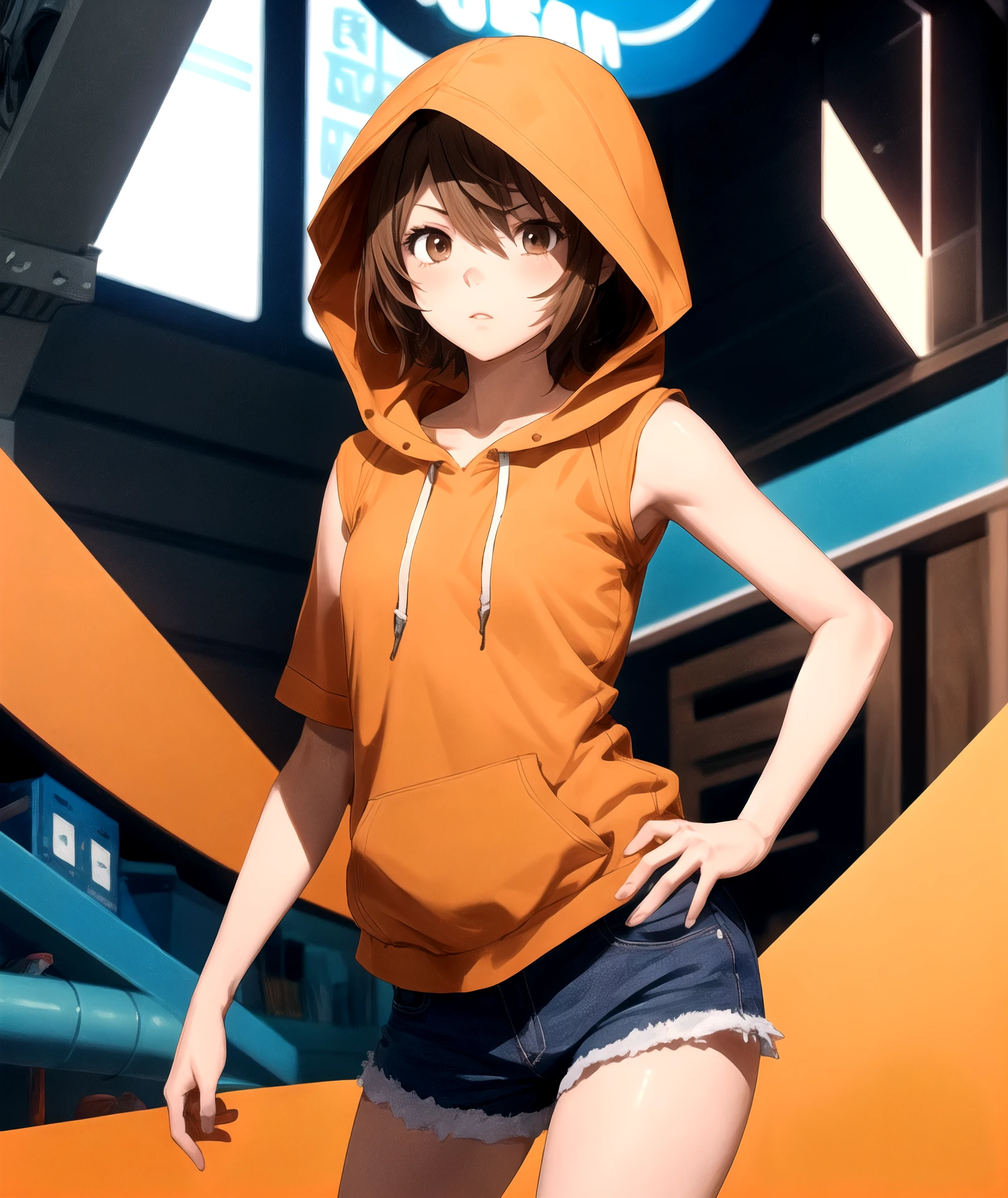 1girl, (shapely body), (solo), <lora:Saiai Kinuhata_L:0.7>, hdr, saiai kinuhata, solo, short hair, brown hair, brown eyes, jewelry, brown hair, brown eyes, shorts, hood, hoodie, orange background, sleeveless hoodie,