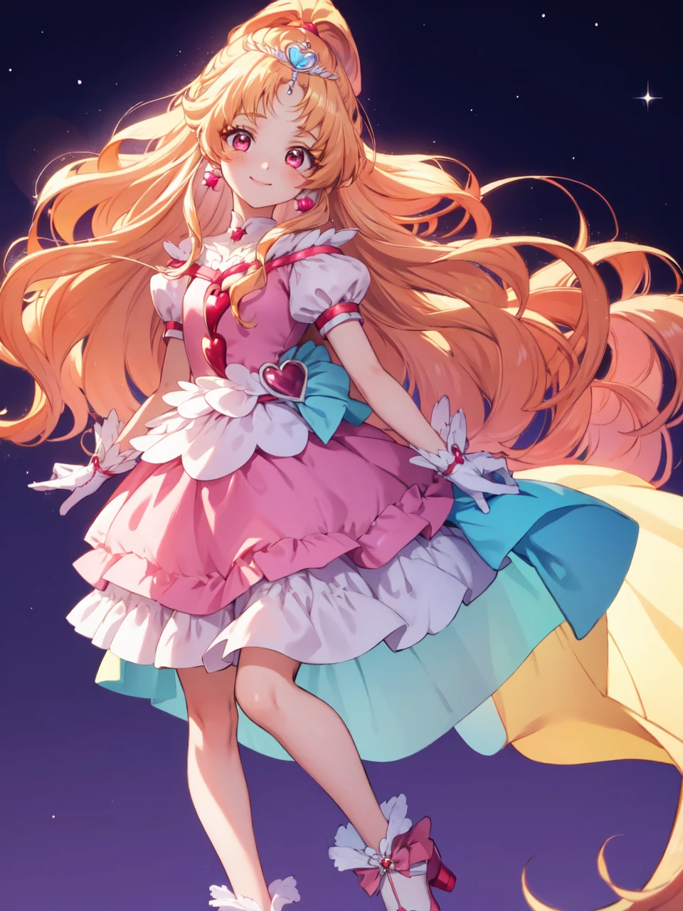 masterpiece, best quality, looking at viewer, depth of field, standing, full body,
1girl, <lora:locon_cure_tomorrow_01:0.9>, cure tomorrow, long hair,  puffy short sleeves, tiara, wrist cuffs, earrings, eyelashes, fingerless gloves, pipe
smile, ((gradient background)), lens flare,