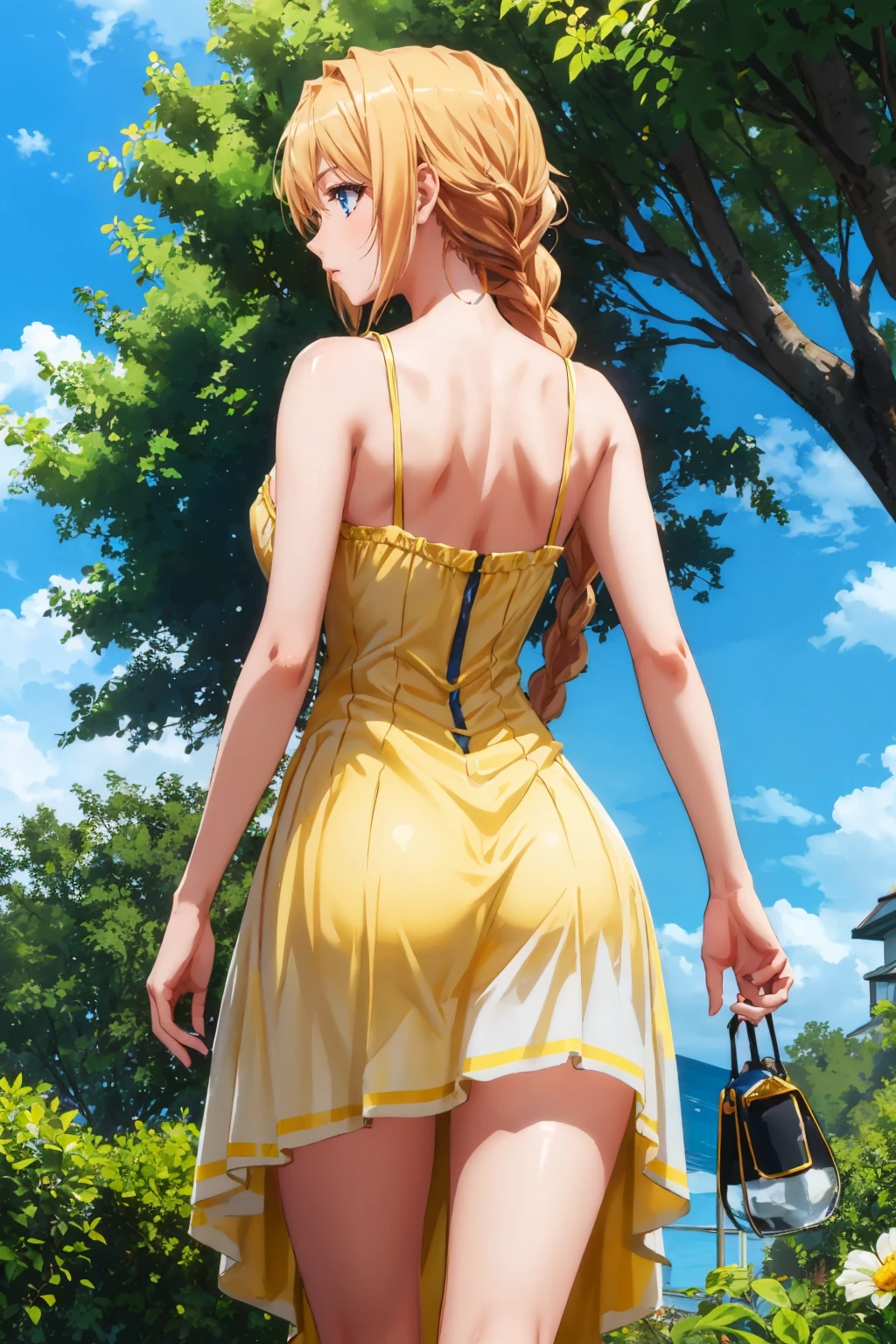 masterpiece, best quality, <lora:danchouarthur-nvwls-v1-000009:0.9> danchou, single braid, (yellow sundress:1.3), large breasts, from behind, blue sky, garden