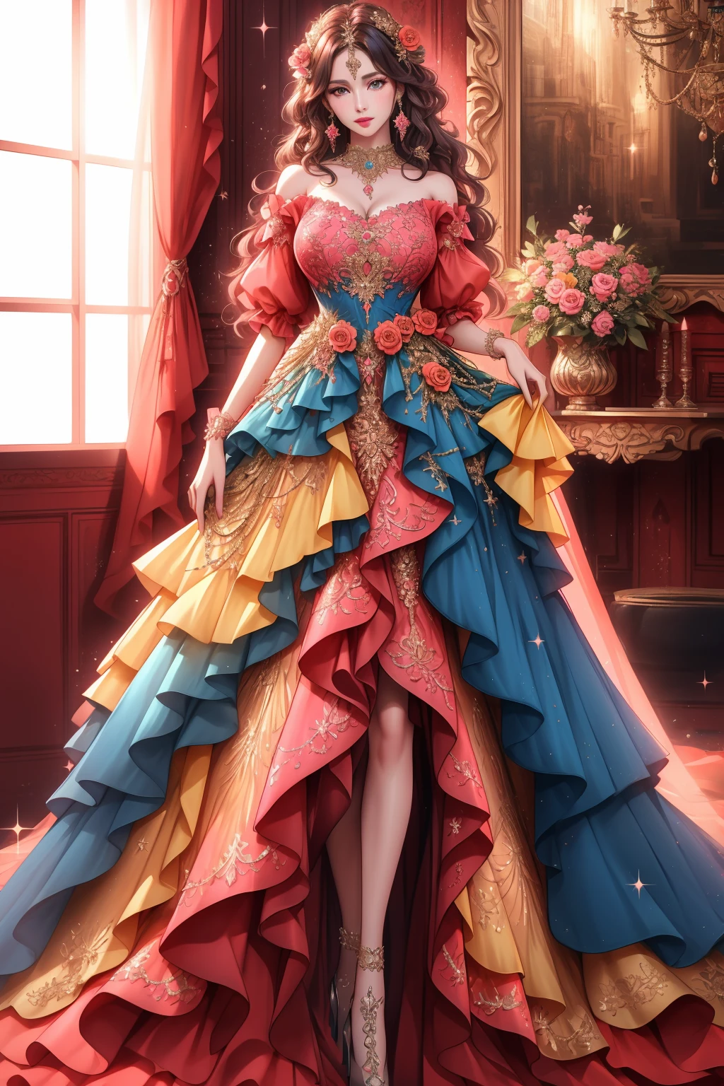 ((best quality)), absurdres, ((ultra high res)), a mature woman in red_black_pink_blue_orange_yellow dress, magical dress, beautiful, indoors, extremely detailed, looking at viewer, realistic, 8k, masterpiece, <lora:magicaldress-08:0.7>