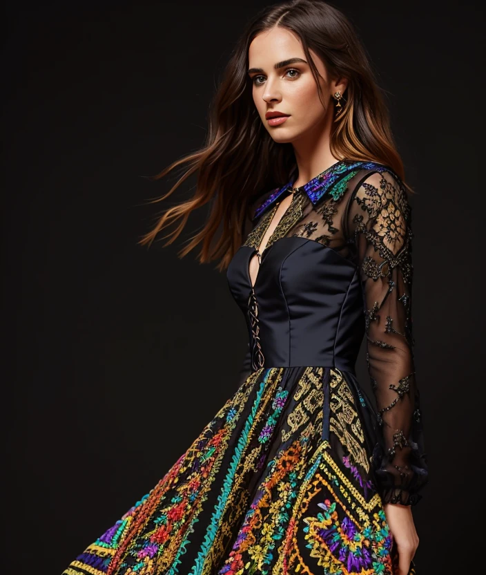 m3gf0x, Black background, ((Colorful dress)), intricate