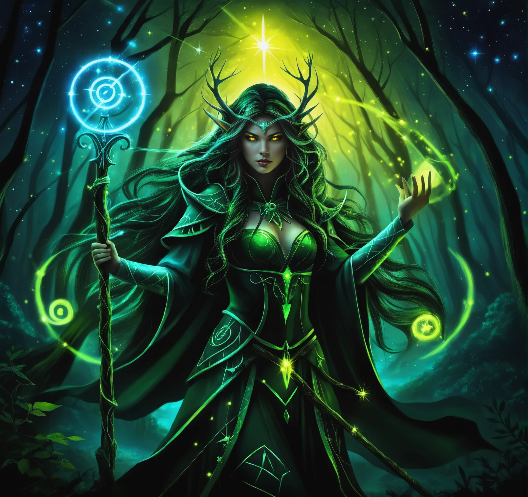 an elfven magician woman (skin covered glowing runes:1.5), she holds a staff,  casting a spell in a mysterious dark forest, dark long wavy  hair, yellow eyes, dark starry sky,  <lora:add-detail-xl:1.5>, LegendDarkFantasy, <lora:LegendDarkFantasy-000001:0.75>