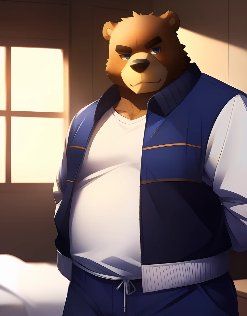 (((detailed eyes, detailed face))), (bara, juuichi <lora:character_juuichi_findigo_v2:1>, bear, short hair, black eyes), male, (solo), (plump, fat, chubby, overweight), (blue jacket, whit shirt, blue pants), standing, (arms behind back), smile BREAK (konzaburou, ukan_muri, cute), bedroom, (soft shading), 8k, UHD, masterpiece, (full body)