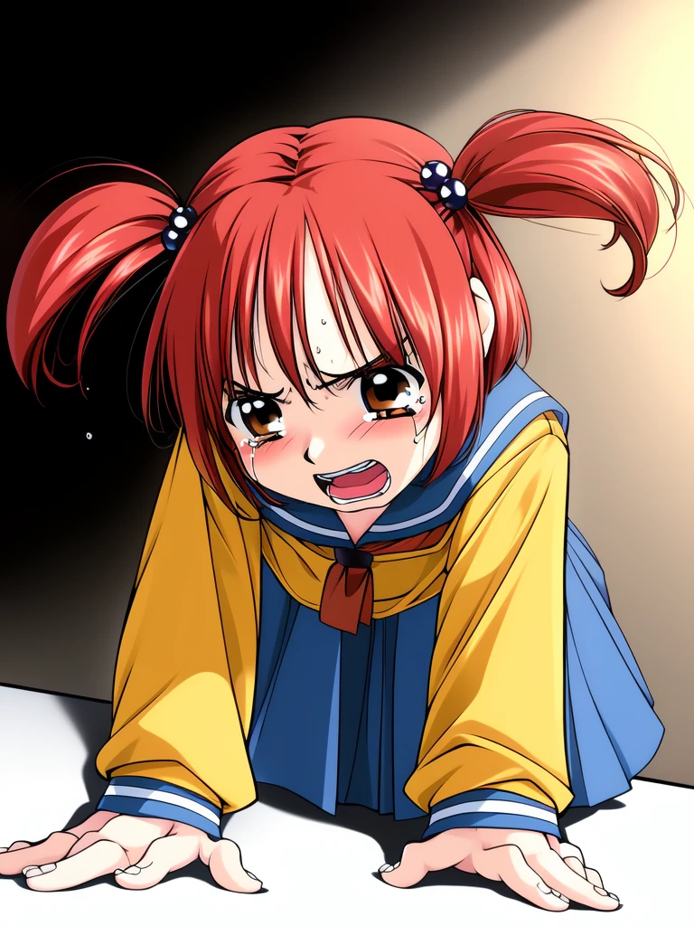 <lora:Megumi:1>Megumi, 1girl, soro, school uniform, twintails, serafuku, long sleeves, red hair, angry, skirt, short hair, hair bobbles, brown eyes,all fours, tears, open mouth,