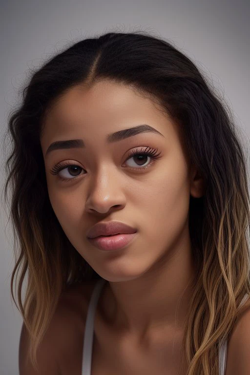DEN_amira_fernandes,
(headshot:1.2) portrait on a (plain grey background:1.2), (headshot:1.2), (face focus:1.1), windswept chaotic hair, soft lighting, low contrast, low saturation,
bokeh, f1.4, 40mm, photorealistic, raw, 8k, textured skin, skin pores, intricate details <lora:epi_noiseoffset2:1>, epiCRealism <lora:ClothingAdjuster3:-1>