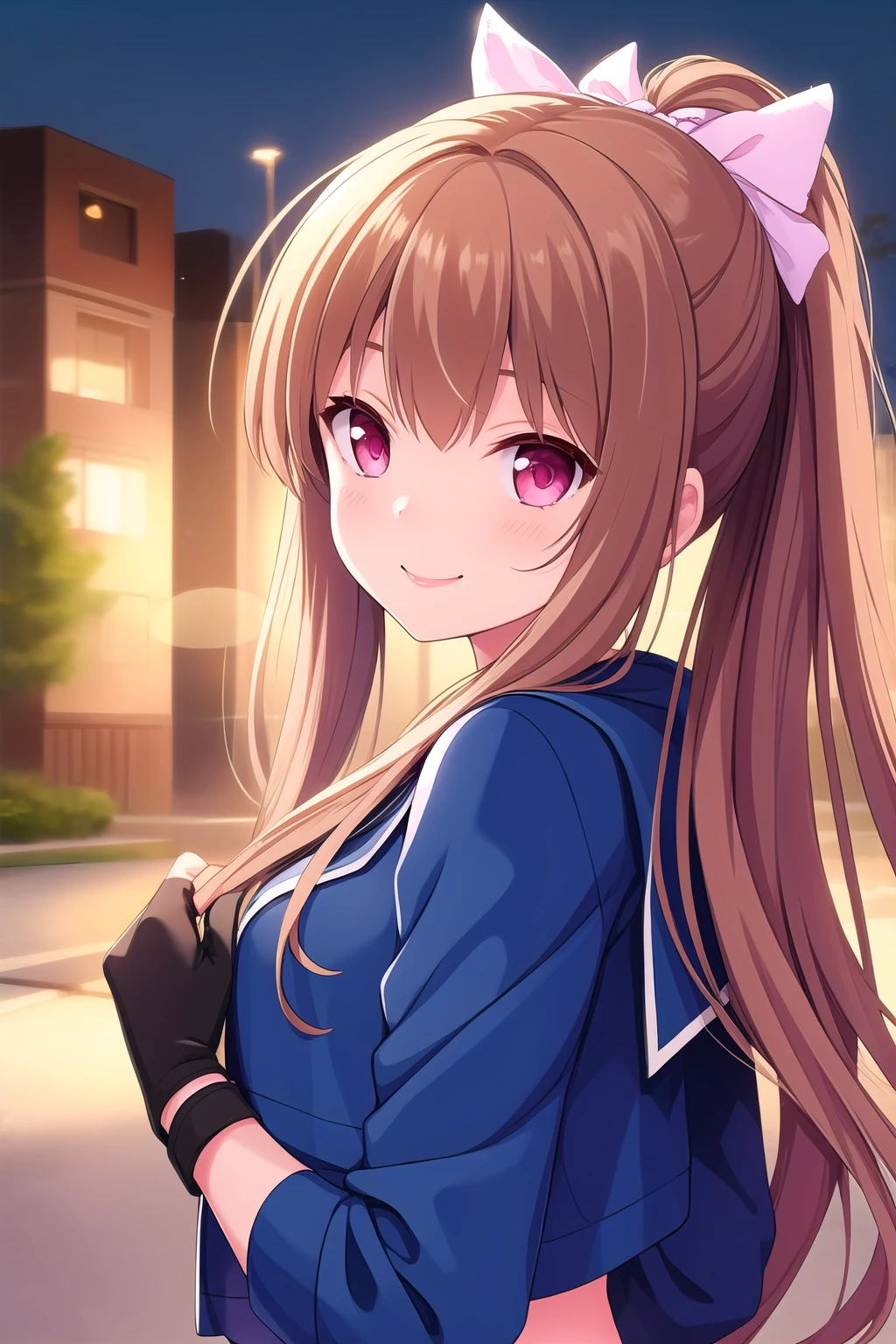 (masterpiece, best quality), highly detailed background, perfect lightingbest quality, asahinamomoko, solo, outdoors, school, sarashi, brown hair, hair bow, black bow, ponytail, long hair, pink eyes, blue jacket, open clothes, crop top, <lora:GoodHands-vanilla:1>, fingerless gloves, black gloves, blue pants, smile, closed mouth, >:), pink lips, <lora:Asahina-Momoko:0.7>