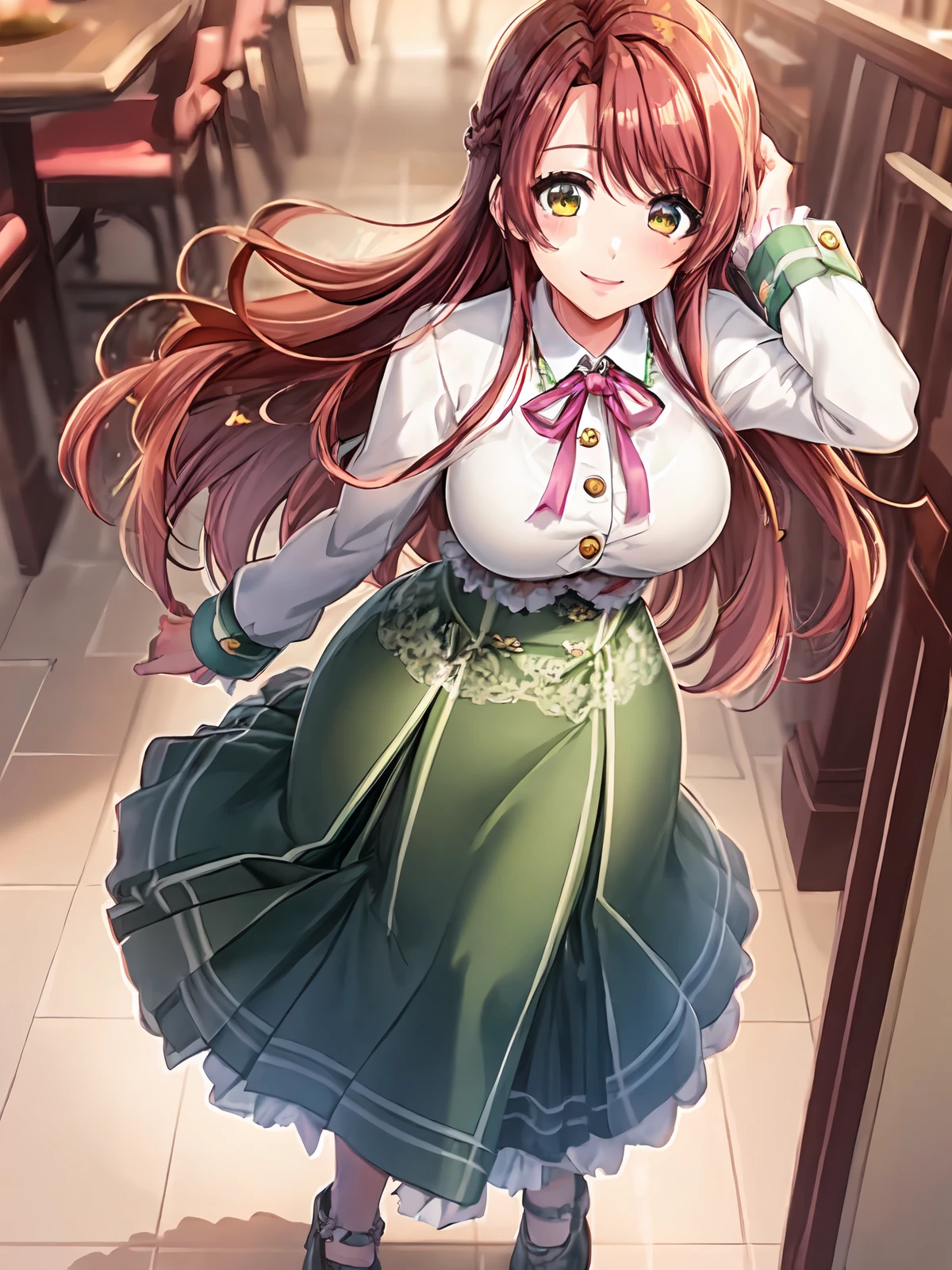 (extremely detailed CG), (best quality), 1girl, perfect face, shiny skin, lustrous skin, wide hips, narrow waist  solo 1girl,<lora:Haruna-09:0.7>haruna, long hair, bangs, red hair, green skirt, white shirt, frills, yellow eyes, ribbon, shoes,blushed, smile, full body,