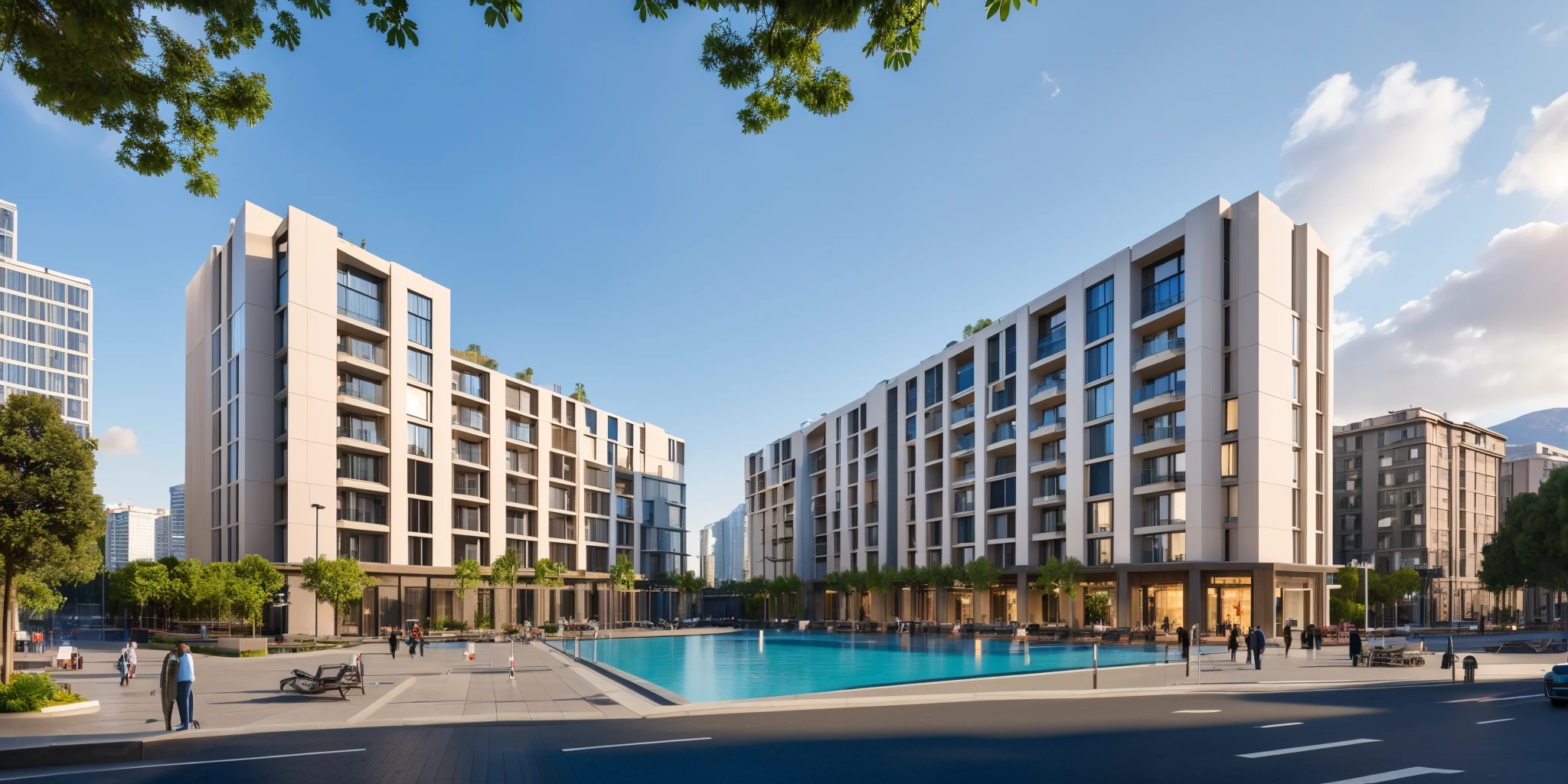 <lora:JJsHotelBuilding_v2:.7>, masterpiece , best quality, ((Hotel Building)),
outdoors, sky, day, cloud, tree, blue sky, ground vehicle, building, scenery, road, lamppost, real world location, swimming pool, bench, lounge chair, balcony, door,entrance,
, lots of trees, sunlight, public blocks,daytime, mountains, public squares, various building facades, lively city streets, enough detail, high resolution, 8k, HD, super realistic, Photorealistic, highly detailed, plaza,