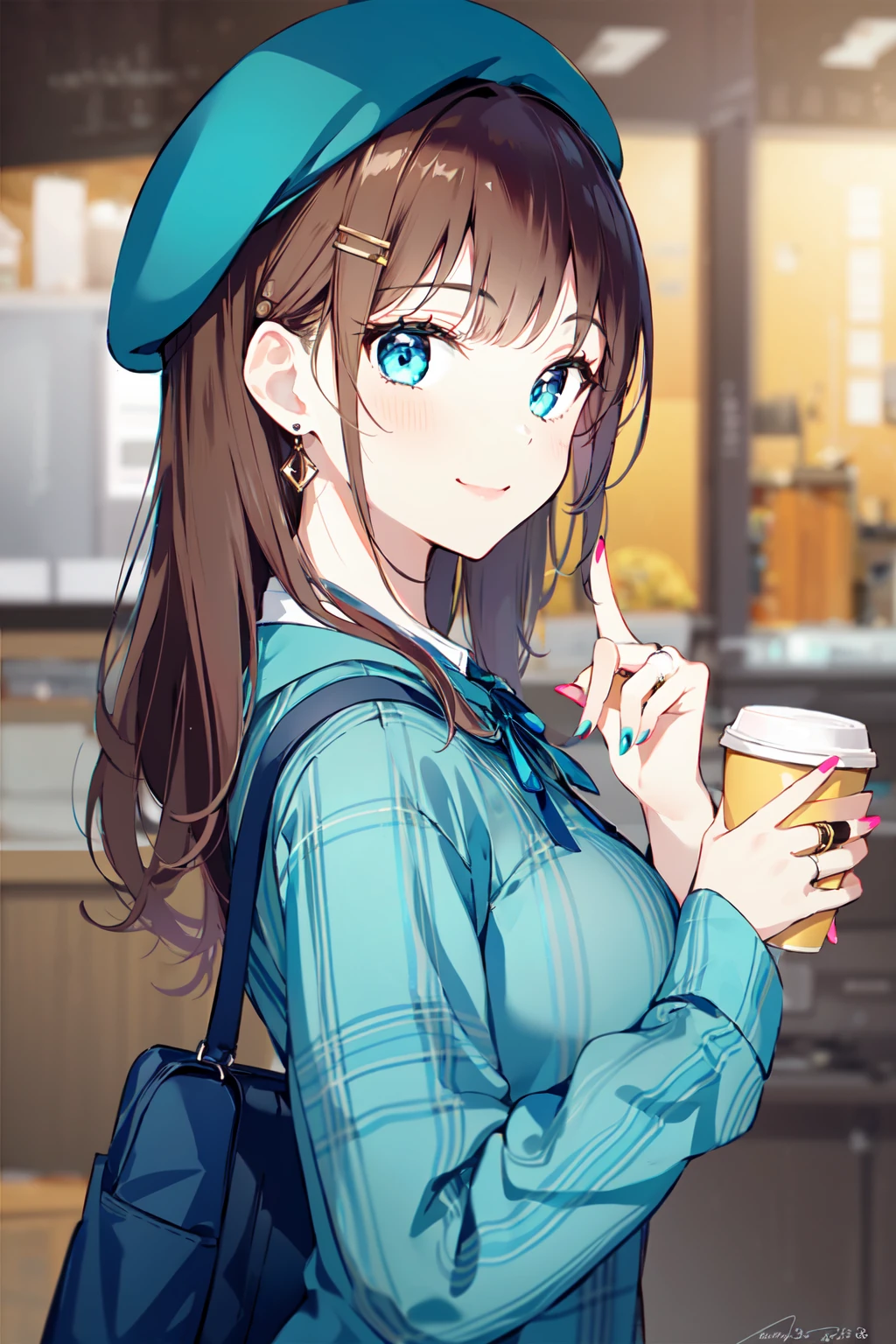 -first love, 1girl, solo, jewelry, plaid dress, looking at viewer, cup, earrings, hat, blue eyes, long hair, coffee cup, plaid, shirt, disposable cup, holding, signature, ring, hair ornament, holding cup, long sleeves, brown hair, upper body, dress, neck ribbon, ribbon, bangs, closed mouth, smile, white shirt, yellow nails, hairclip, nail polish, from side, aqua ribbon, blurry background, beret, plaid shirt, blue ribbon, blurry, brown headwear, bag, breasts, plaid headwear, bracelet