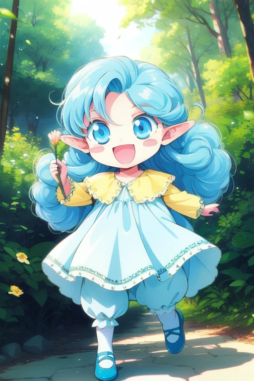 <lora:Rumi_FQ_Ver2:0.8> Rumi, 1girl,  blue eyes, solo, blue hair, shoes, flower, smile, lightblue_dress,, open mouth, forest, long hair, yellow dress, bloomers, blush stickers, :d, hair flower
masterpiece, best quality,4k,8k, 1990s \(style\),