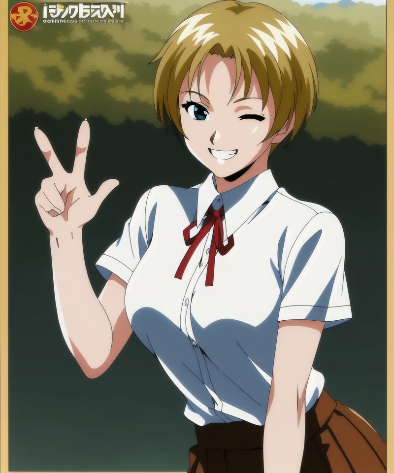 masterpiece, best quality, highres, official art, upper body, solo, shiny skin, gyaru, blonde hair, grin, one eye closed wink, peace sign, v, 5fingers, pose, school uniform, white shirt, short sleeves, red ribbon, nakamura masumi