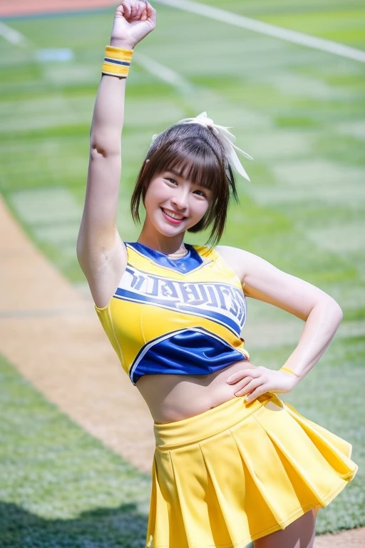 1girl,baseball stadium,shirt,solo,yellow vest baseball cheerleader uniform,smile,realistic,(looking at viewer:1.3),standing,single braid,huge breasts, best quality,masterpiece,illustration,an extremely delicate and beautiful,CG,unity,8k wallpaper,Amazing,finely detail,masterpiece,official art,extremely detailed CG unity 8k wallpaper,incredibly absurdres,huge filesize,ultra-detailed,highres,extremely detailed,beautiful detailed girl,realistic,full frontal,light contrast,blurry, <lora:qunv2:0.9>, <lora:LCM-LoRA_sd15:1>, <lora:add_detail:0.5>,