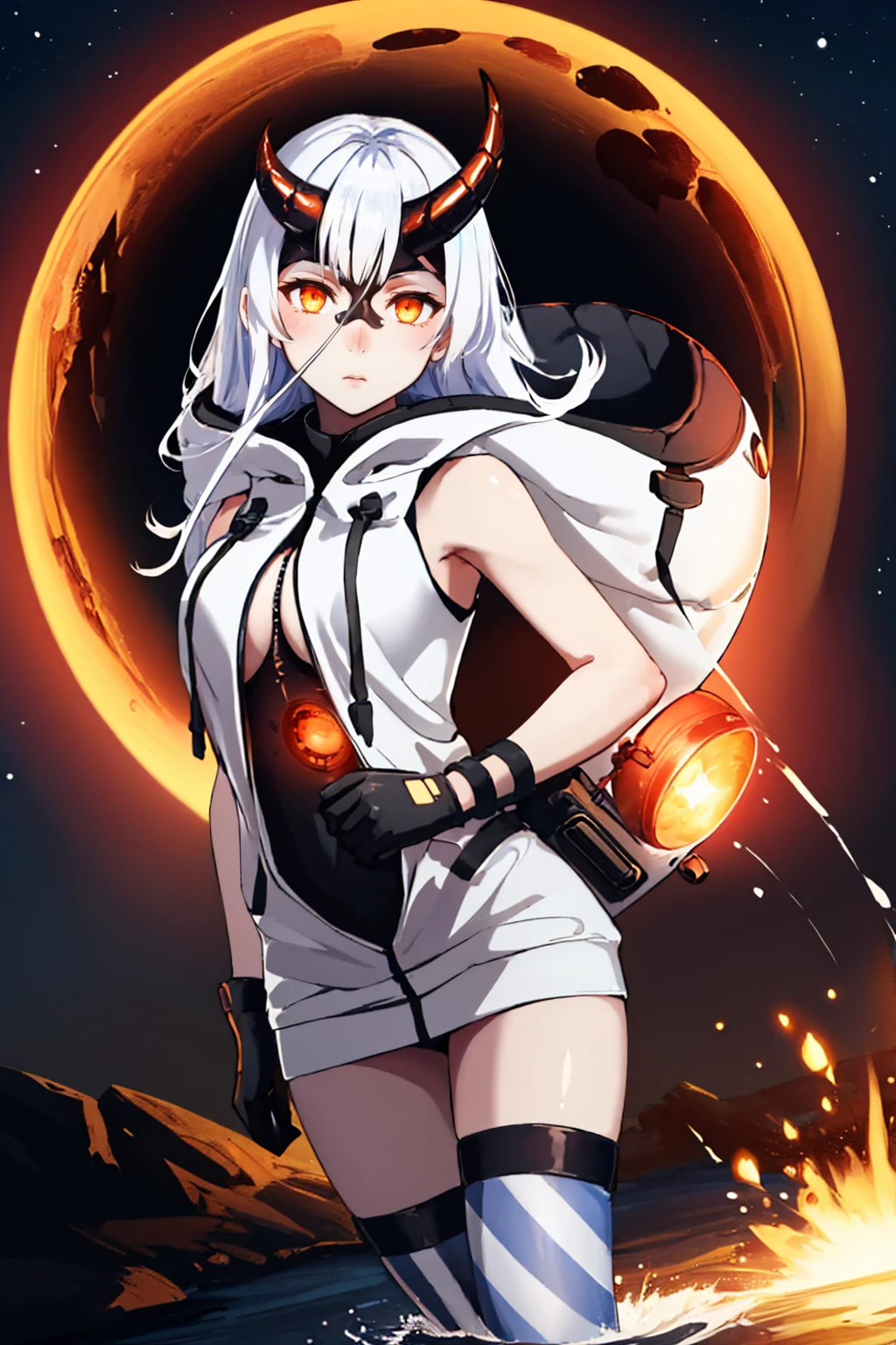 (masterpiece, best quality:1.2), night, star \(sky\), solo, 1girl, kcheavycruiser, white skin, expressionless, looking at viewer, wading, asymmetrical horns, orange eyes, glowing eyes, sleeveless, hood, gloves, striped thighhighs <lora:kancolle_abyssal_heavycruiser:1>