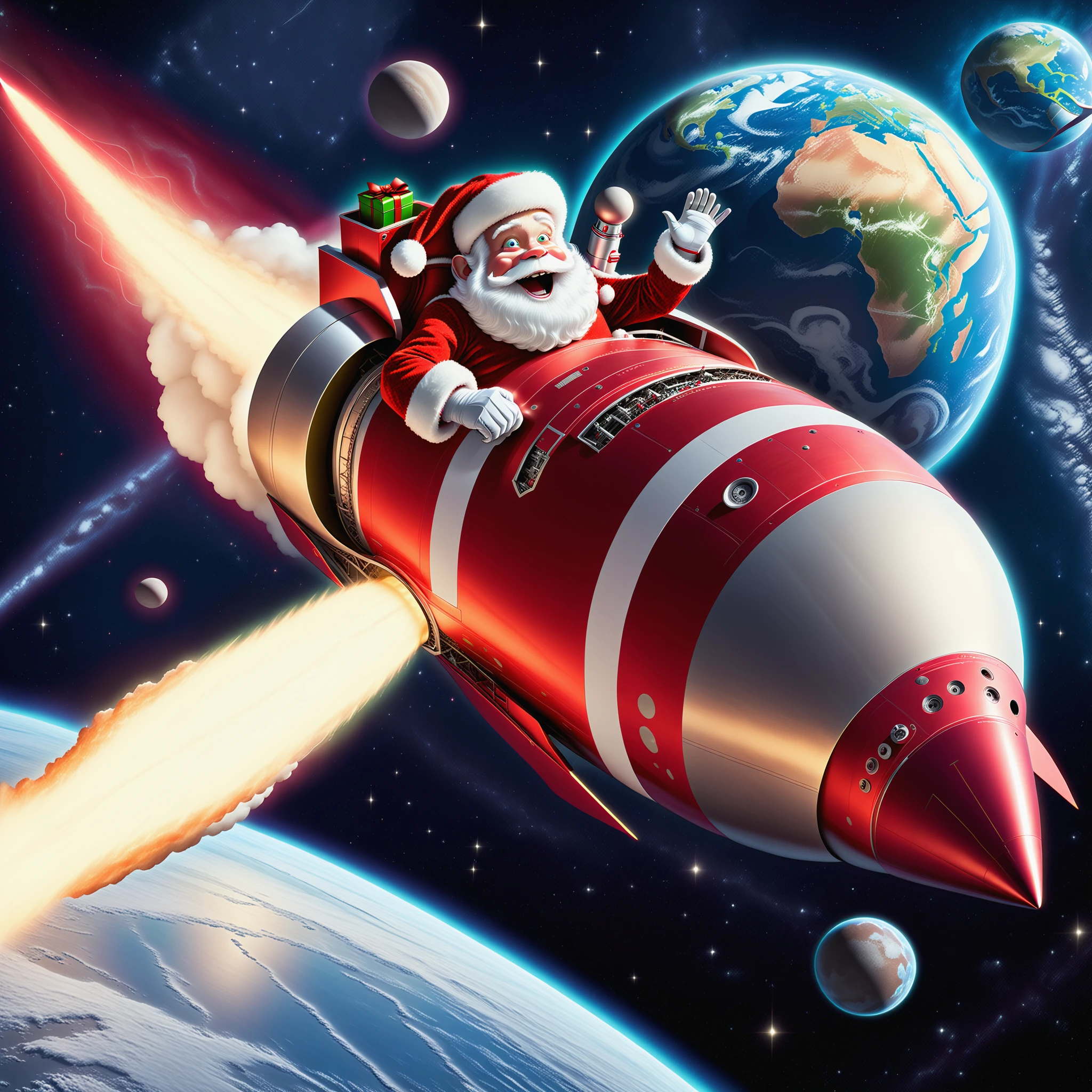 santasride is a rocket speeding through space to reach planet earth in time