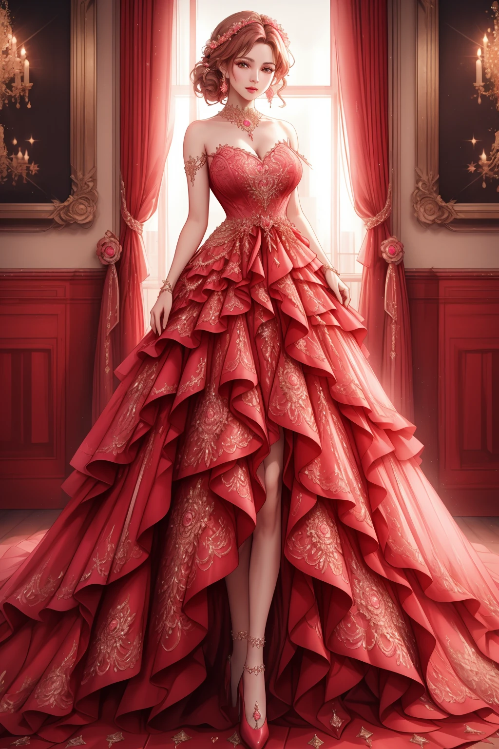 ((best quality)), absurdres, ((ultra high res)), a mature woman in red and pink dress, magical dress, beautiful, indoors, extremely detailed, looking at viewer, realistic, 8k, masterpiece, <lora:magicaldress-08:0.7>