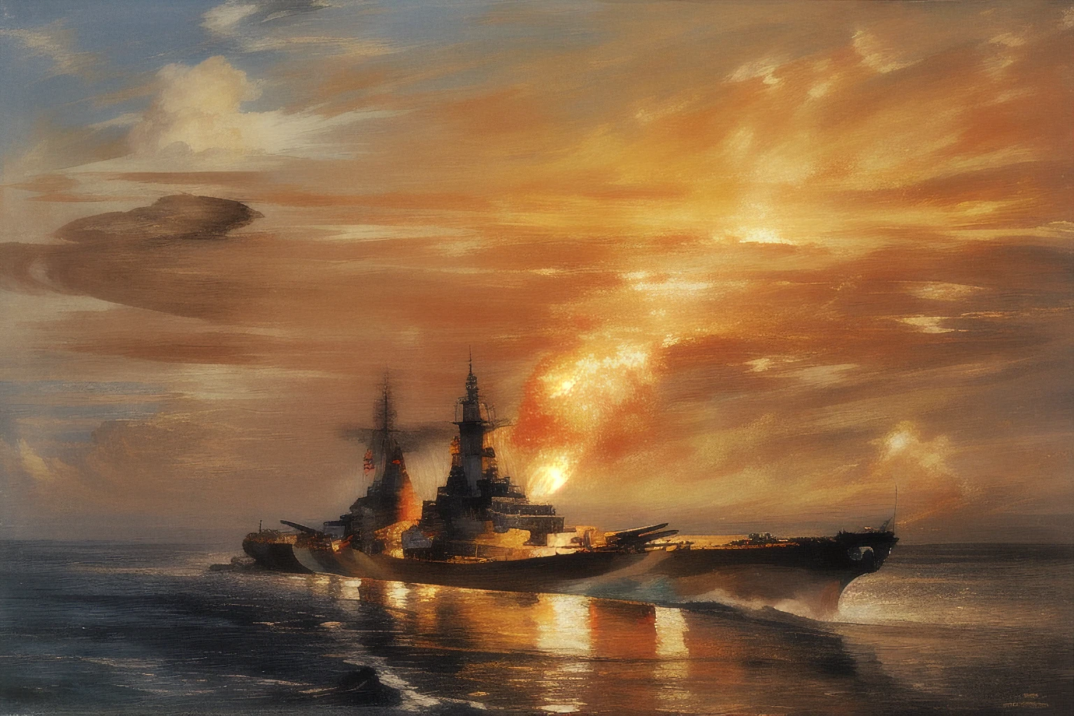 iowa, battleship, firing guns, vivid sunset, ((in the style of turner)), oil painting,