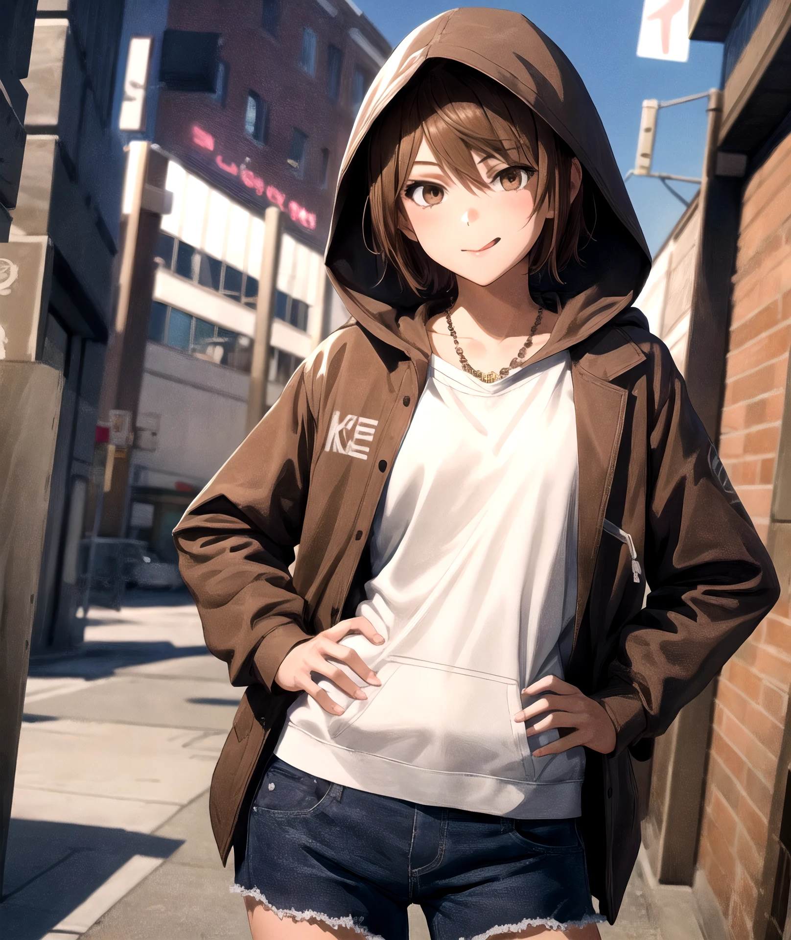 1girl, (shapely body), (solo), <lora:Saiai Kinuhata_L:0.7>, RAW, hdr, saiai kinuhata, solo, short hair, brown hair, brown eyes, jewelry, tongue out, hand on hip, hood, hoodie ;q