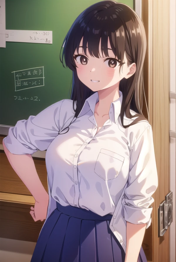 annayamada, <lora:anna yamada s1-lora-nochekaiser:1>,
anna yamada, long hair, bangs, black hair, (brown eyes:1.5), smile, grin,
BREAK skirt, shirt, school uniform, white shirt, pleated skirt, collared shirt, sweatdrop, blue skirt, pocket, shirt tucked in, breast pocket,
BREAK indoors, classroom,
BREAK looking at viewer, (cowboy shot:1.5),
BREAK <lyco:GoodHands-beta2:1>, (masterpiece:1.2), best quality, high resolution, unity 8k wallpaper, (illustration:0.8), (beautiful detailed eyes:1.6), extremely detailed face, perfect lighting, extremely detailed CG, (perfect hands, perfect anatomy),