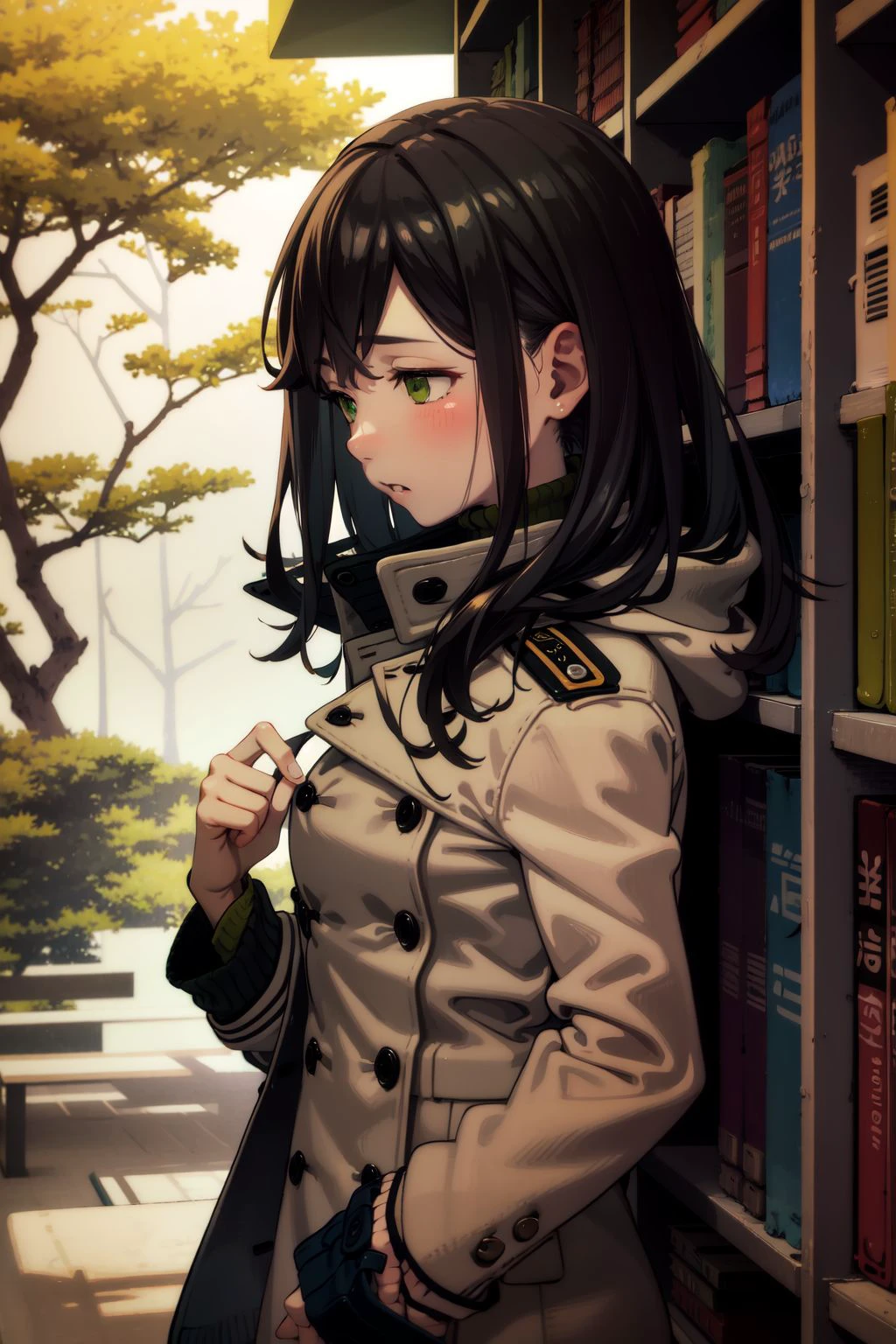solo, 1girl, hungry, small breasts, black hair, green eyes, light green peacoat, thundersnows, day, tropical dry forest, library, detailed background, nature <lora:kukka_style_v02.05.05.01:1>