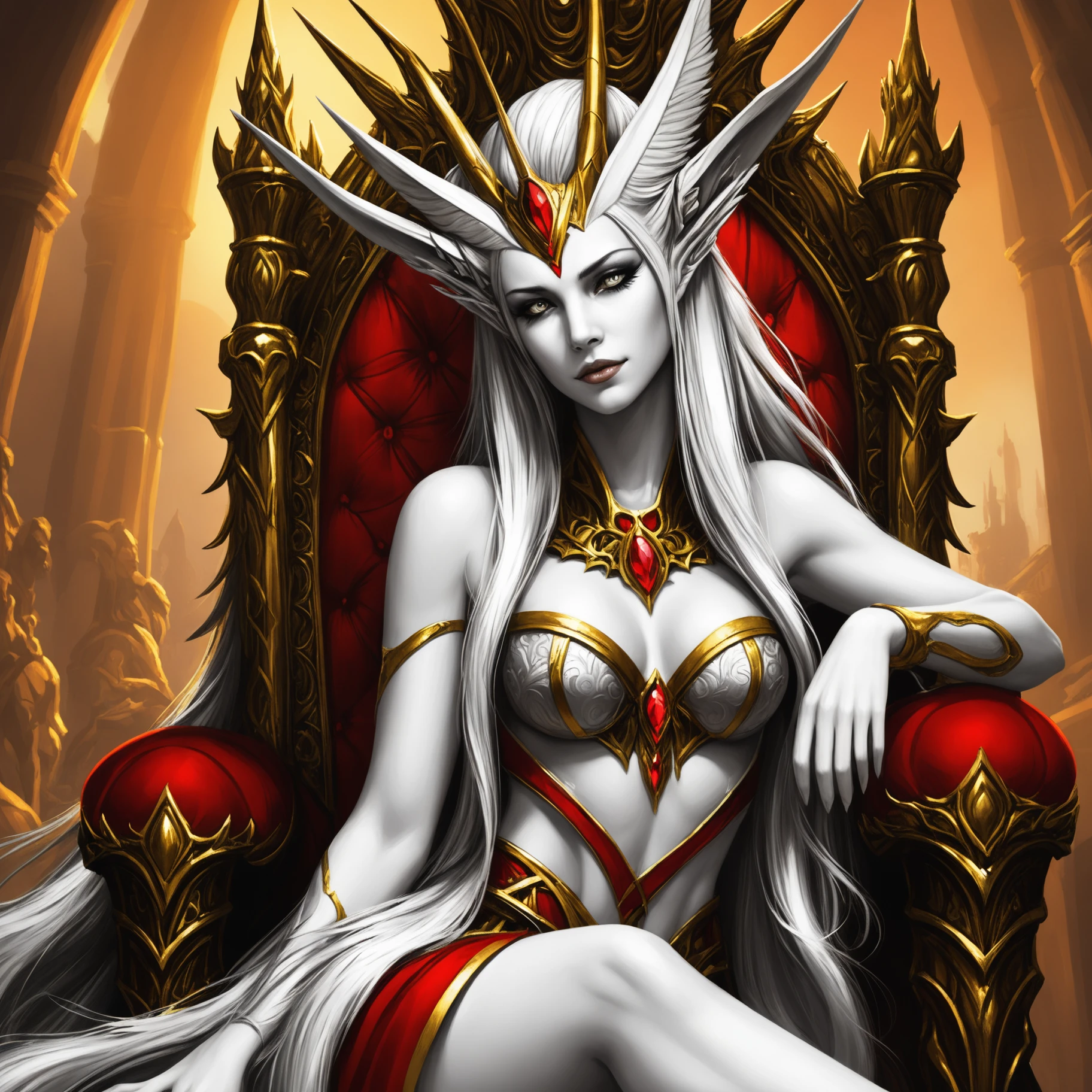 portrait of a beautiful woman with long wavy grey hair, (lowing eyes,white eyes,no pupils:1.2),  sadistic smile,  She sits proudly on a throne in the majestic throne room of the Dark Elf kingdom, LegendDarkFantasy,   <lora:LegendDarkFantasy-000001:0.9>