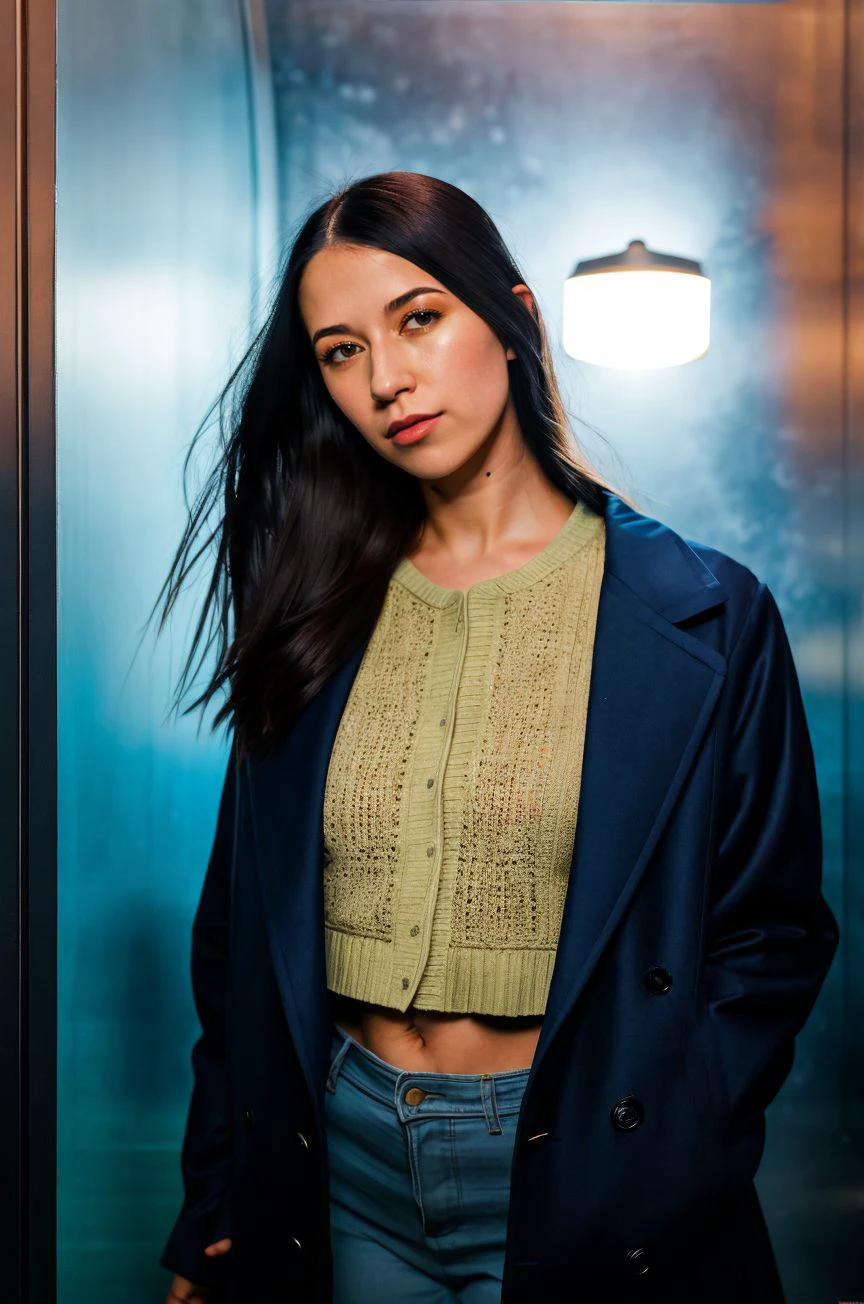 A stunning intricate full color portrait of a 20 year old woman,wearing a navy blue coat, in a twilight-lit vault <lora:NightphotoV1-0:0.4>, HDR Foto,epic character composition,by ilya kuvshinov, alessio albi, nina masic,sharp focus, subsurface scattering, f2, 35mm, film grain <lora:AlexCoal:1>