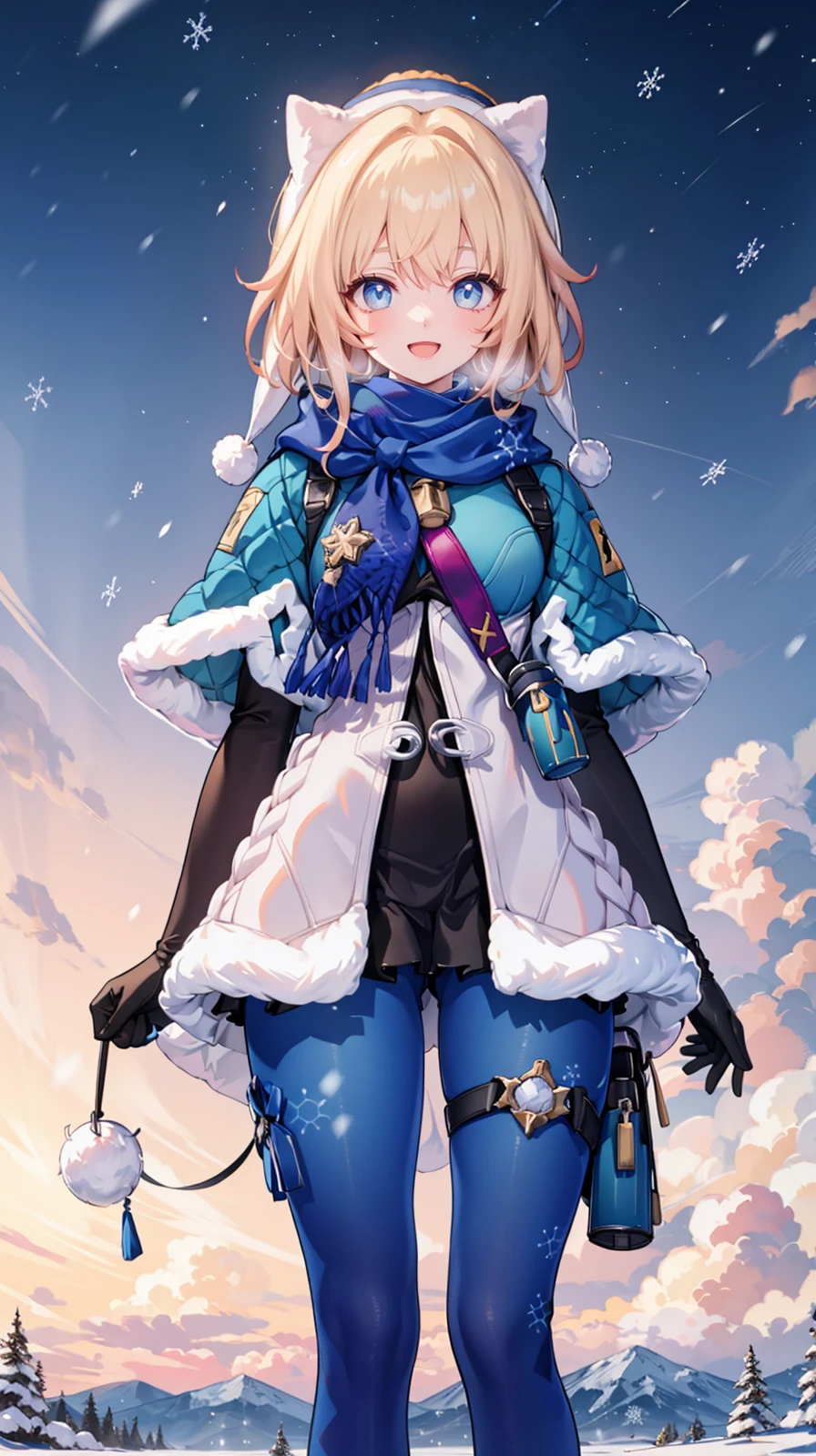 (extremely detailed CG, best quality:1.1), 1girl, perfect face, bright pupils, (finely detailed beautiful eyes:1.1), wide hips, narrow waist, scarf, fur trim, winter clothes, fur-trimmed capelet, print pantyhose, pom pom (clothes), backpack, fur-trimmed boots, elbow gloves, cowboy shot, small breasts, snowing,  :d, full body, standing, v legs, depth of field, <lora:LynxLandau:0.8>