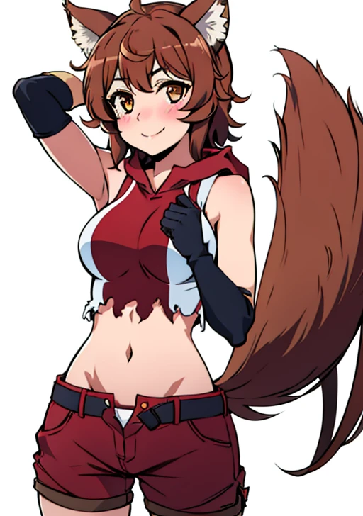 <lora:liliruca_arde:0.7>,liliruca_arde, 1girl, solo, breasts, looking at viewer, blush, smile, short hair, simple background, brown hair, gloves, white background, navel, animal ears, brown eyes, medium breasts, tail, shorts, midriff, belt, torn clothes