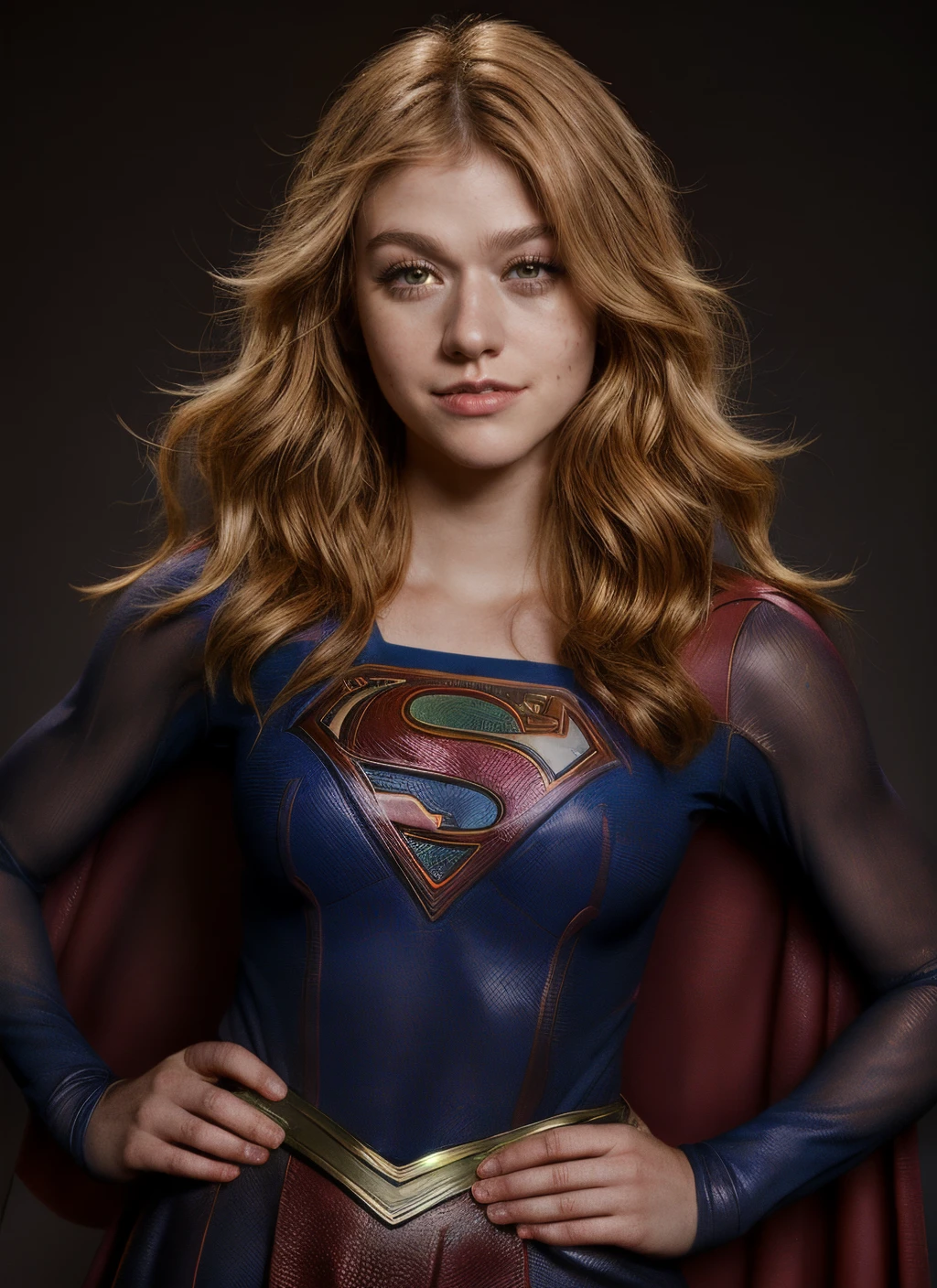portrait of kmcnamara happy, supergirl, epic (photo, studio lighting, hard light, sony a7, 50 mm, matte skin, pores, colors, hyperdetailed, hyperrealistic), <lora:add_brightness:.5> <lora:add_detail:1.0> <lora:kmcnamara:1.1>