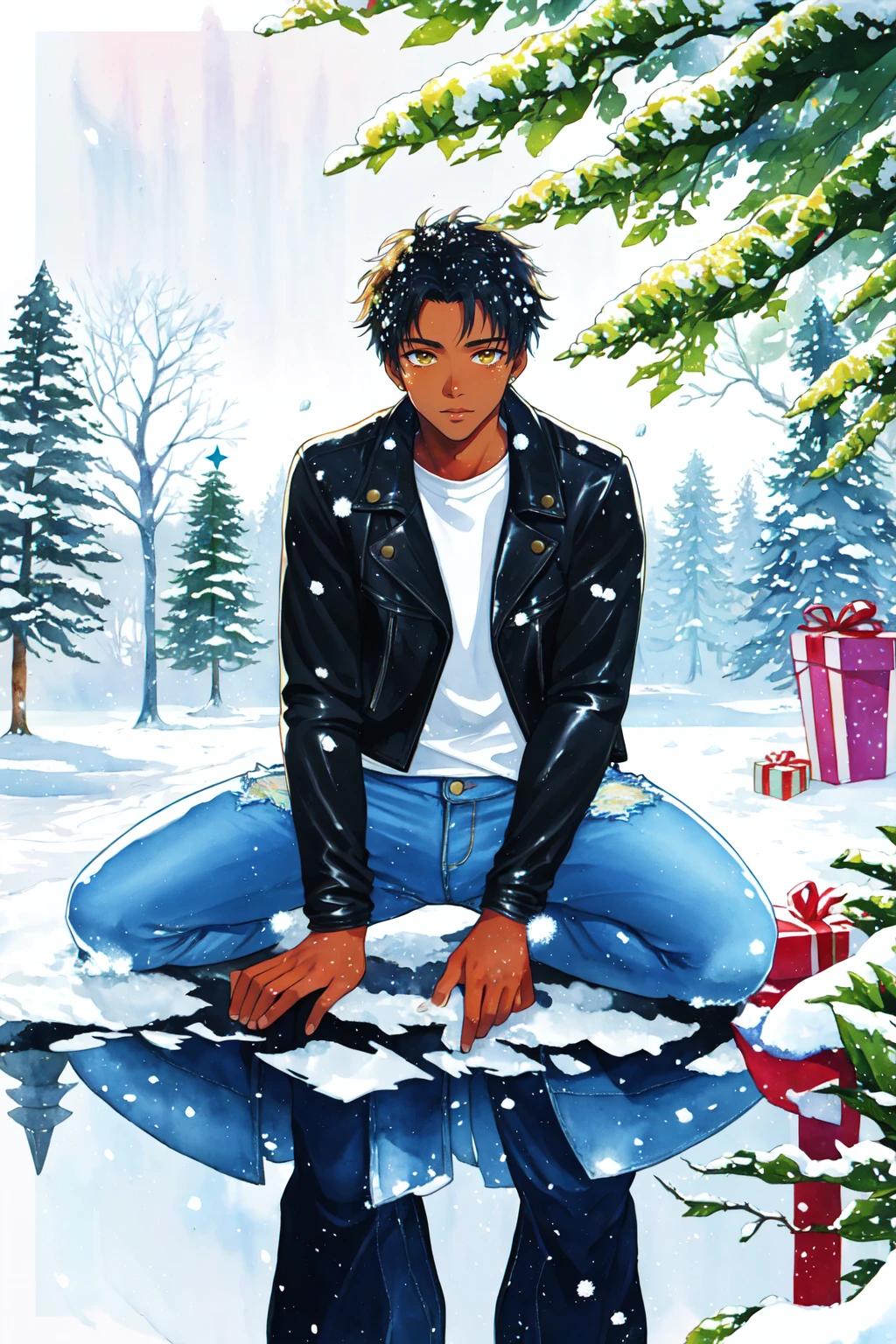 solo, looking at viewer, norway, outdoors, African, 1 boy, male focus, solo, dark skin, dark skinned male, leather jacket, denim jeans , reflection, SplshPntNOwrth