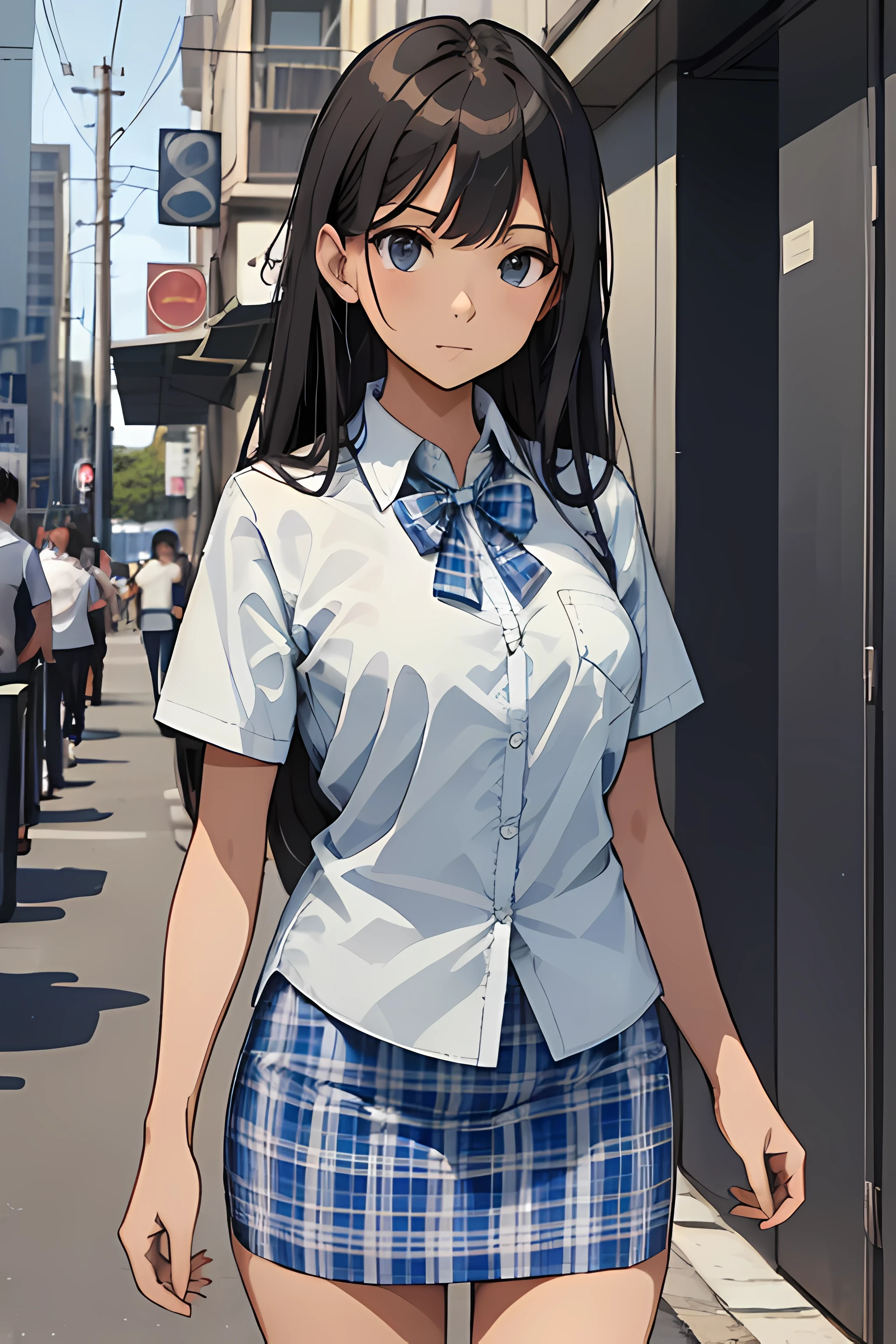 ((best quality)), (masterpiece), woman, age 18, student, wearing uniform, white shirt, short sleeves, bowtie, long light blue plaid pencil skirt, anime