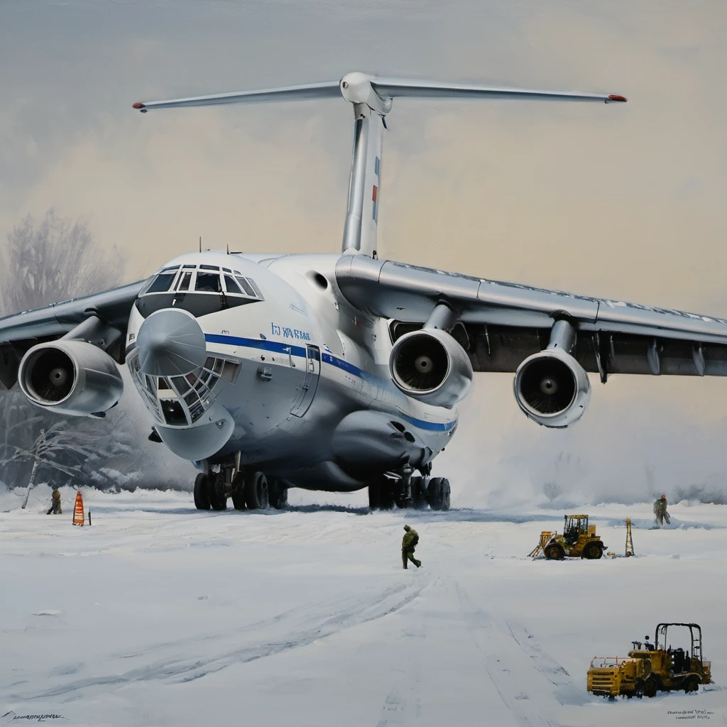 a painting of landing il_76 in snowy field <lora:il_76_2_SDXL:0.9>