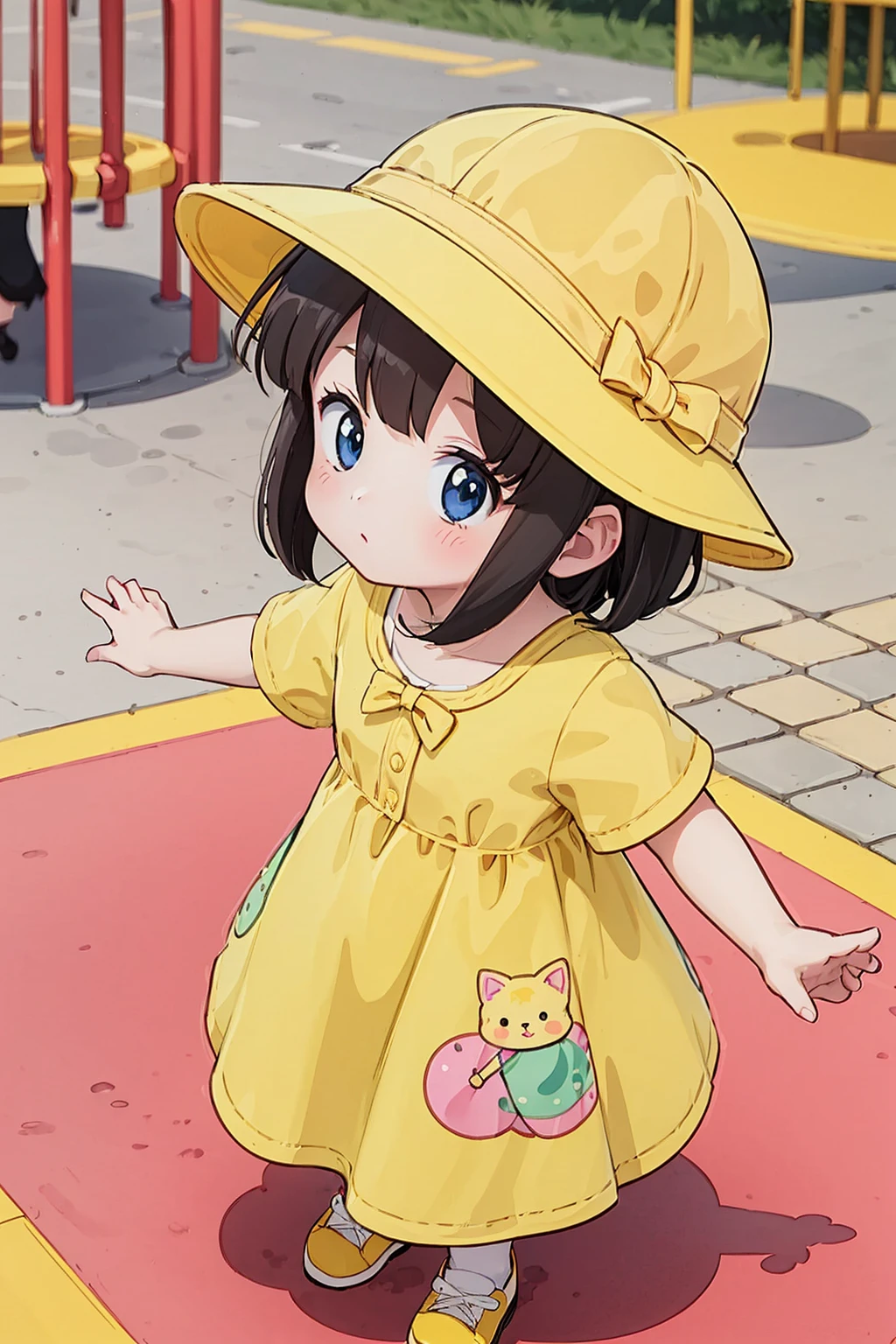 <lora:kiirobou:1>,kiirobou,yellow hat,anime coloring,looking_at_viewer,baclpack,randoseru,friend,playground,multiple_girls,kawaii,dancing,retro artstyle,1980s \(style\),shirt,long_dress,print_dress,from_above,