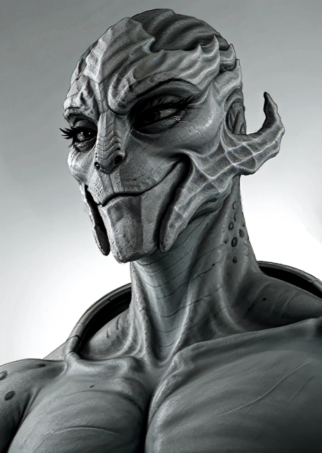 low-angle view, (realistic:0.8), bust portrait, female, (turian:1.2), alien, scalie, (eyelashes:1.2), smug, mass effect, greyscale, monochrome, incursiogigalookingleft, (nude:1.2), smile, grey background, <lora:GigaChad_Looking_Left:0.85> <lora:Femtur_v1.3:1.0>