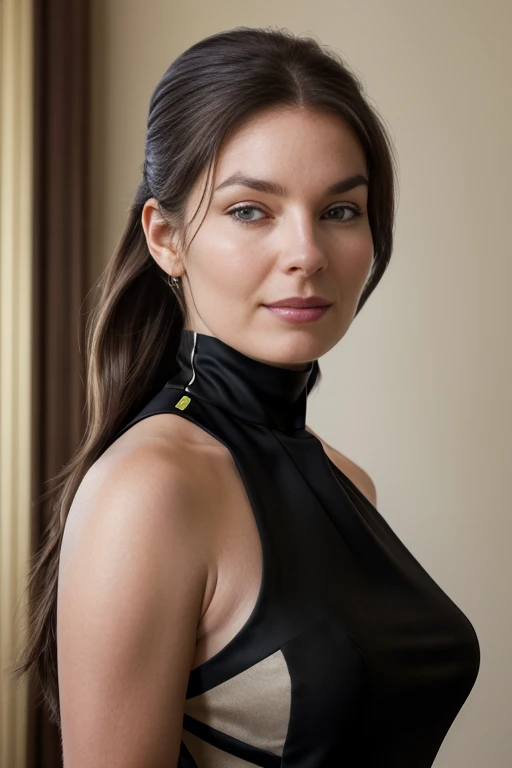 (RAW, analogue, Nikon Z 14mm ultra-wide angle lens, award-winning glamour photograph, ((best quality)), ((masterpiece)), ((realistic)), skin pores, subsurface scattering, radiant light rays, high-res, detailed facial features, high detail, sharp focus, smooth, aesthetic, extremely detailed, (extremely detailed eyes, extremely detailed iris), extremely detailed hair, extremely detailed skin, extremely detailed clothes, octane render, photorealistic, realistic, post-processing, max detail, realistic shadows, roughness, natural skin texture, real life, ultra-realistic, photorealism, photography, 8k UHD, photography, hdr, intricate, elegant, highly detailed, sharp focus, stunning, beautiful, gorgeous), (photorealistic), (realistic), 5314w4rdas a popular girl, long brown hair, (wearing a high neck sleeveless black dress:1.3), full body, indoors, walking down stairs in a house, evening, <lora:Sela_Ward_PMv1_Lora:1.3>,, high quality photography, 3 point lighting, flash with softbox, 4k, Canon EOS R3, hdr, smooth, sharp focus, high resolution, award winning photo, 80mm, f2.8, bokeh, ((Full-Body Shot))