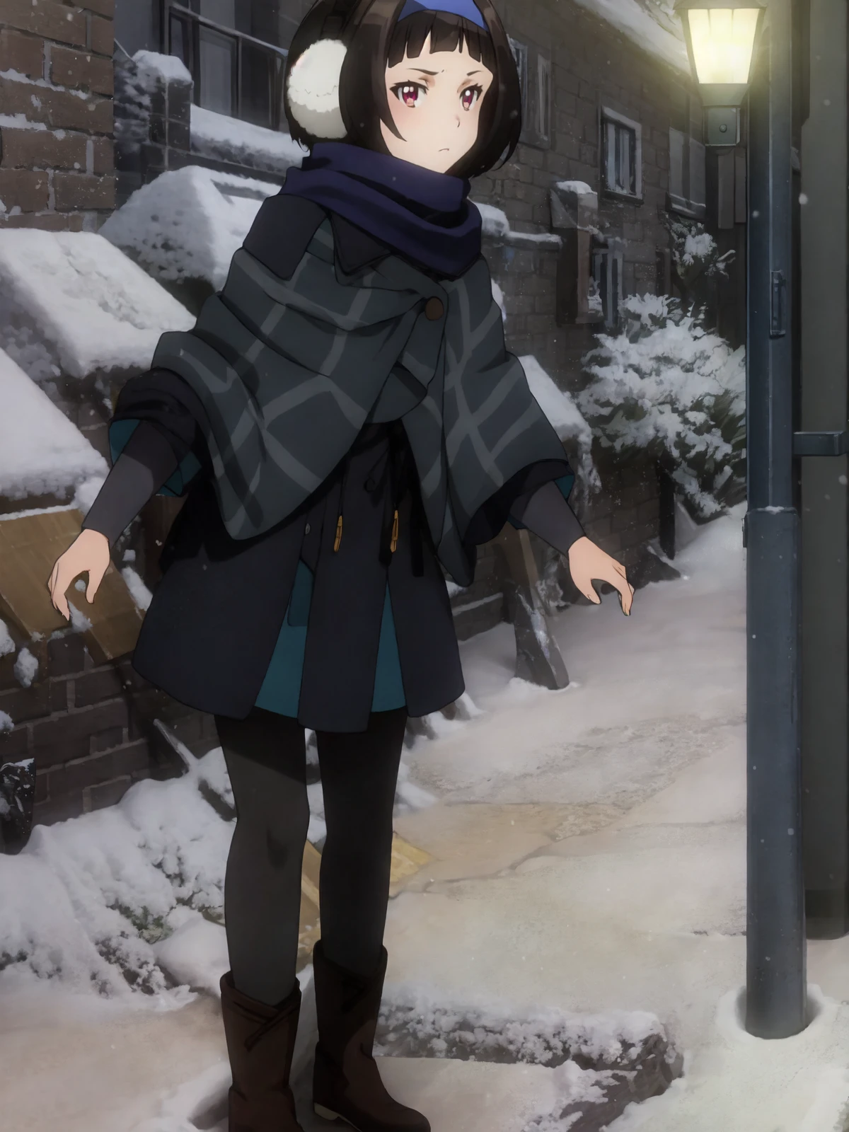 SLE, mksks style, detailed background absurdres, highres, (full body), <lyco:GoodHands-beta2:1.0>,
BREAK solo, 1girl, <lora:Kazuki Ferrari:1>, kazuki ferrari,
BREAK costume 3, blue headband, earmuffs, blue scarf, blue poncho, black coat, winter coat, blue trim, black pantyhose, black boots, ankle boots,
BREAK standing, expressionless, looking at viewer, facing viewer,
BREAK city, sidewalk, lamppost, buildings, snowing, snowflakes, snow, winter, outdoors,