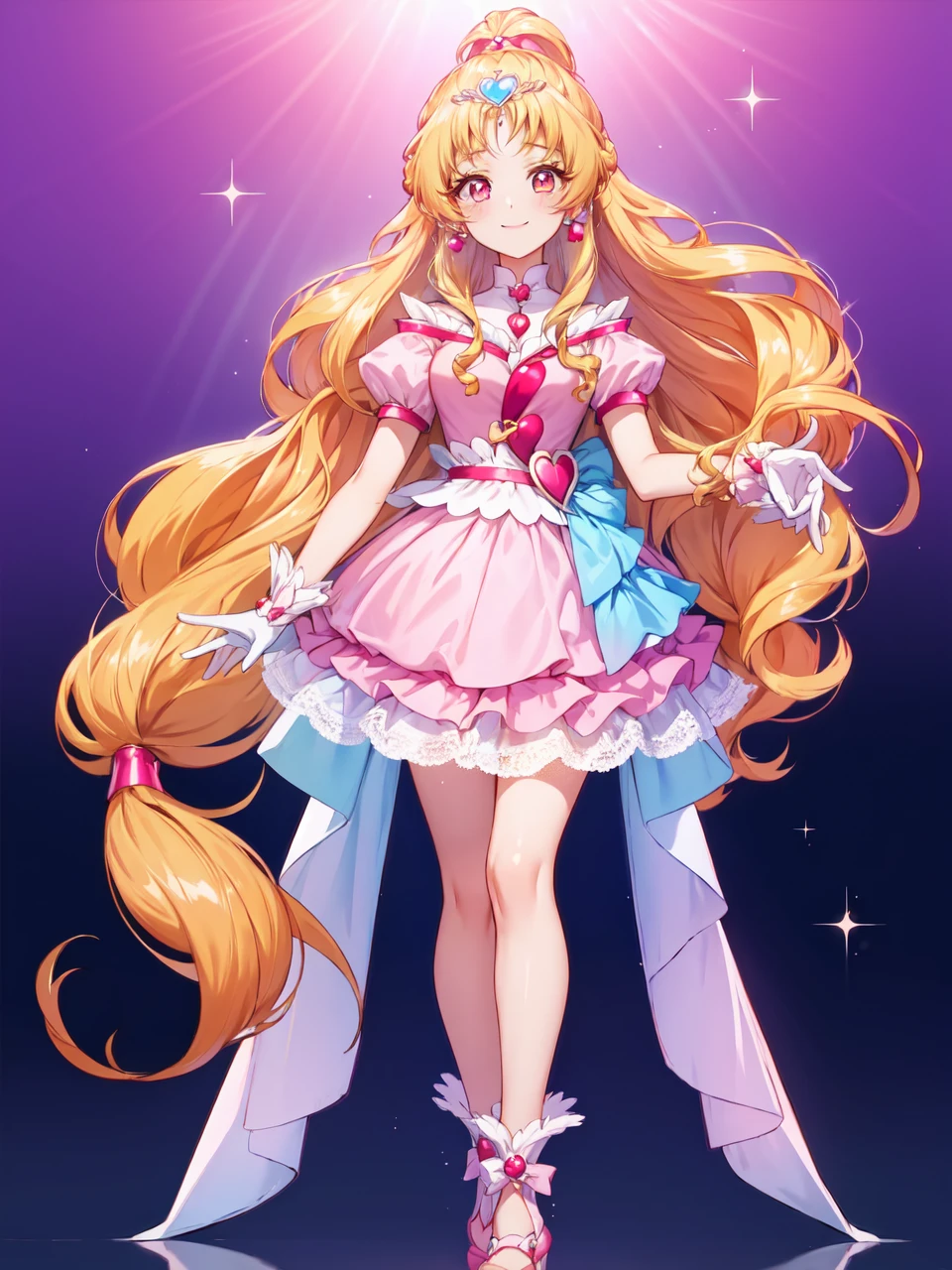 masterpiece, best quality, looking at viewer, depth of field, standing, full body,
1girl, <lora:locon_cure_tomorrow_01:0.9>, cure tomorrow, long hair,  puffy short sleeves, tiara, wrist cuffs, earrings, eyelashes, fingerless gloves, pipe
smile, ((gradient background)), lens flare,