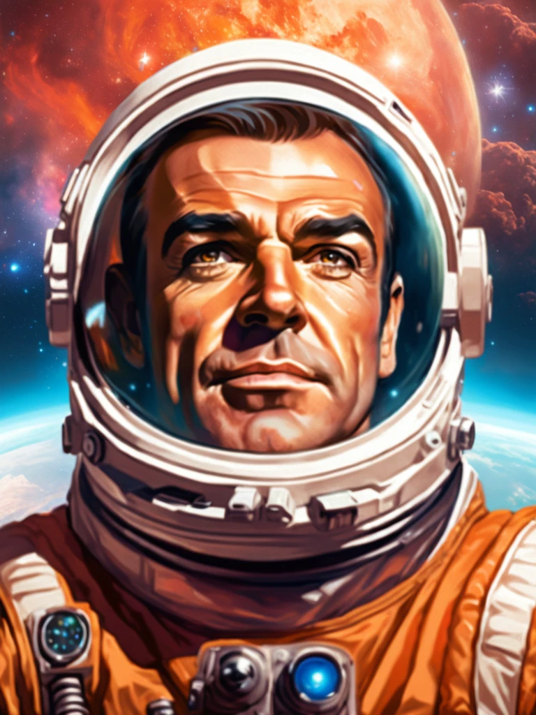 Photo of Sean Connery <lora:Sean Connery-000004:0.6>, HDR, 8K resolution, intricate detail, sophisticated detail, depth of field, sharp focus, Portrait of a male astronaut visor reflecting a nebula space station above Earth, portrait, elegant, intricate, artstation, smooth, sharp focus, art by artgerm and greg rutkowski and alphonse mucha